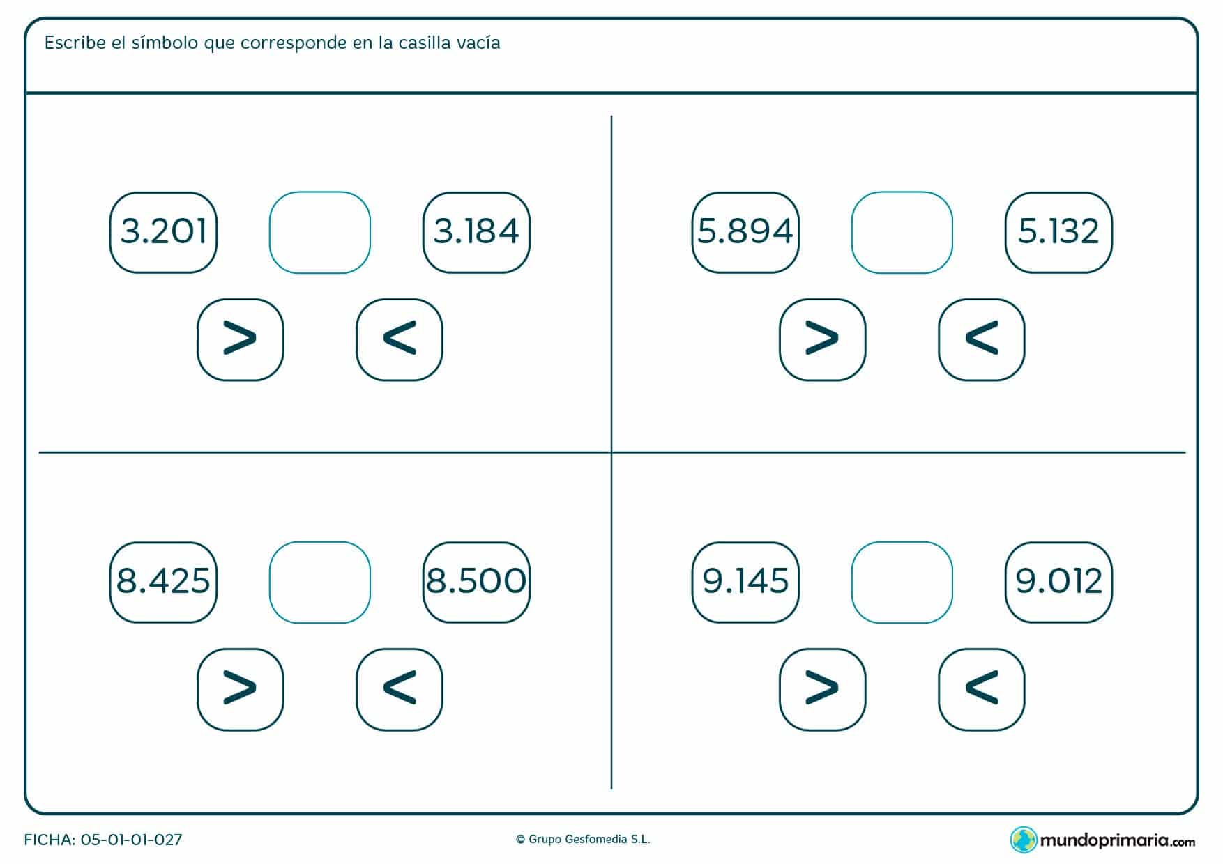 Ficha de poner el símbolo de menor o de mayor en la casilla vacía según corresponda.