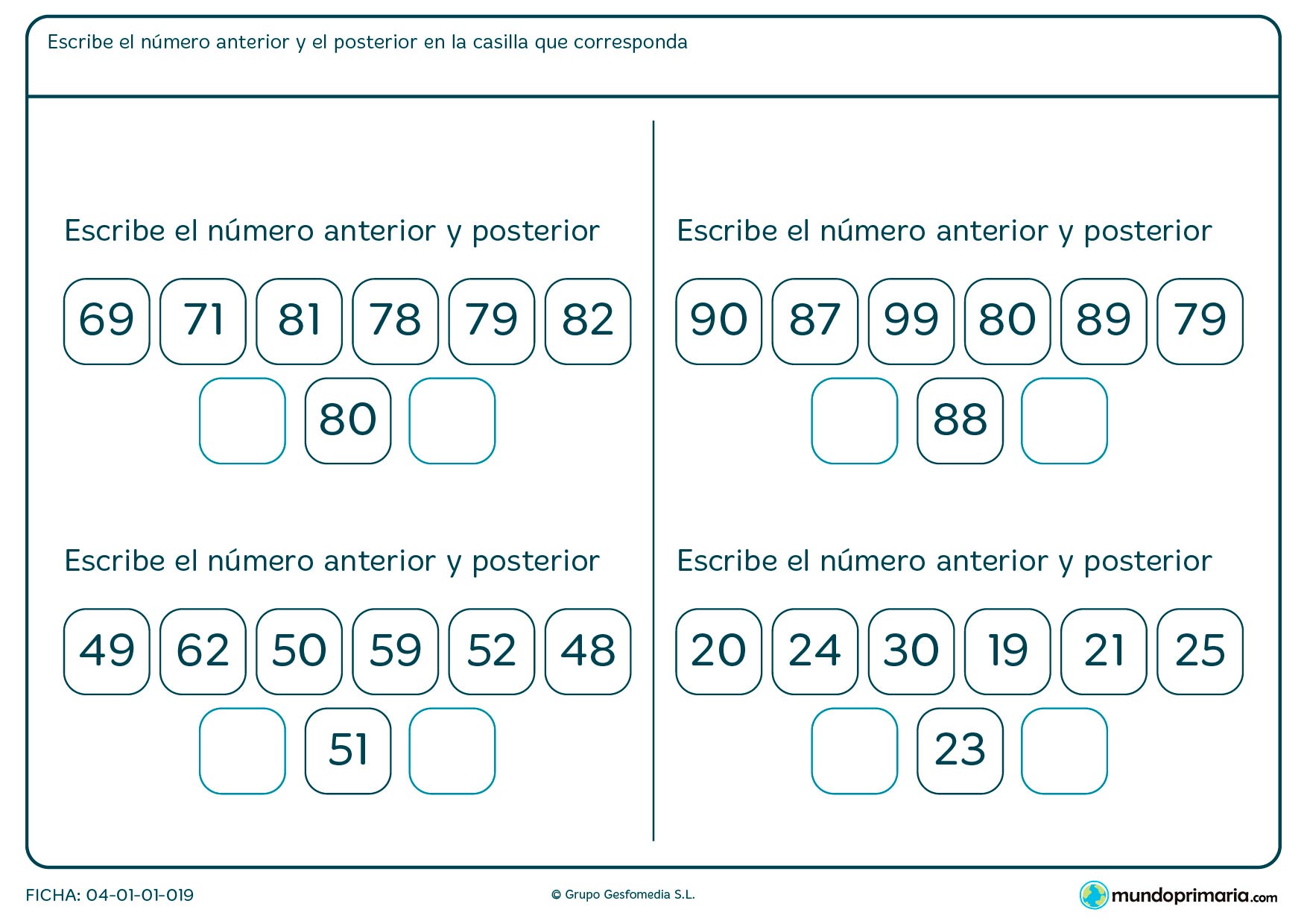 Ficha de poner número posterior y anterior correctamente con las opciones que te facilitamos,