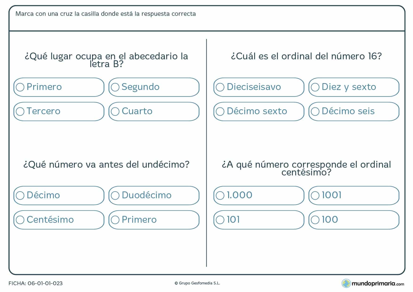 Ficha de posiciones de números comunes según sea su ordinal.