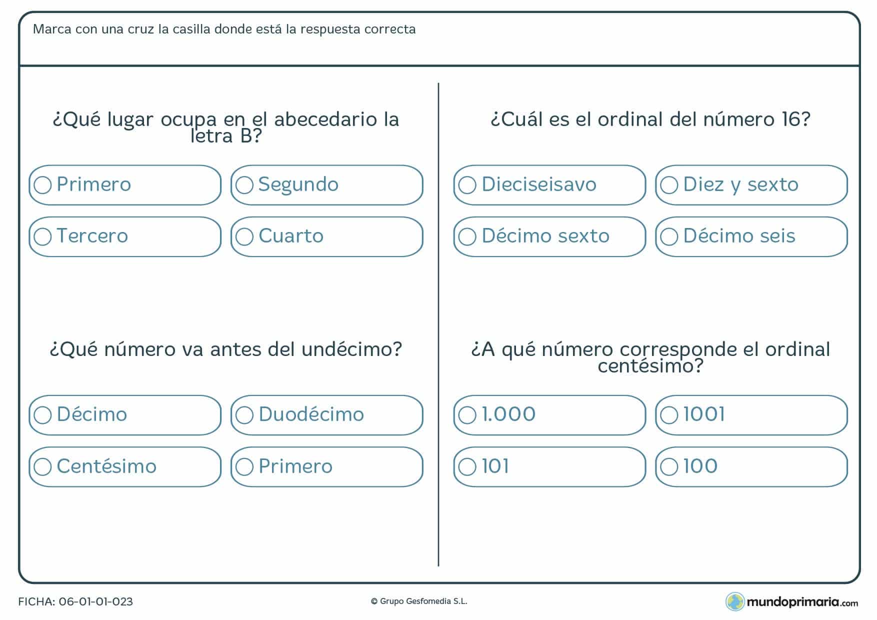 Ficha de posiciones de números comunes según sea su ordinal.