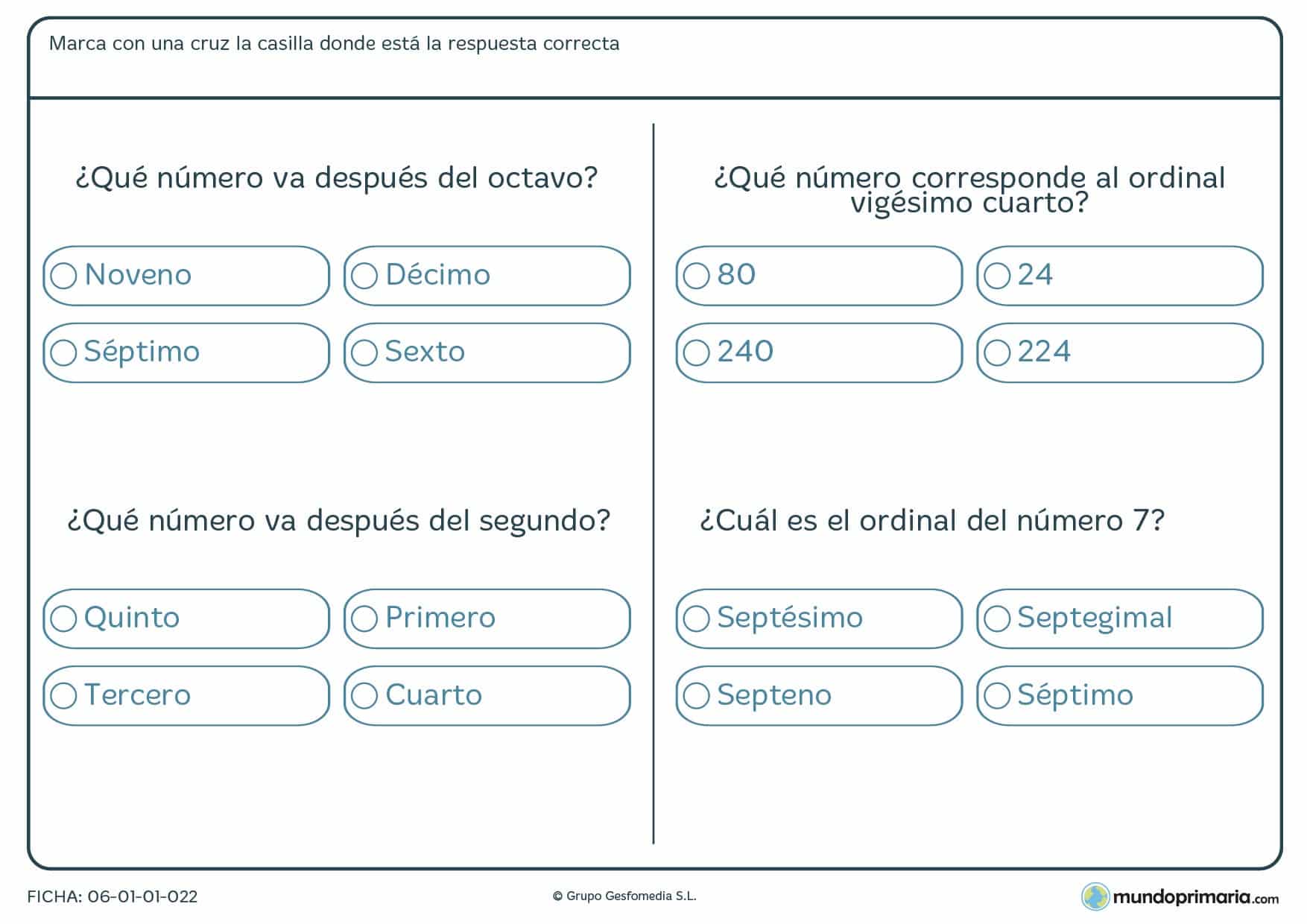 Ficha de posiciones de ordinales en la que has de marcar el número que va después del ordinal dado.