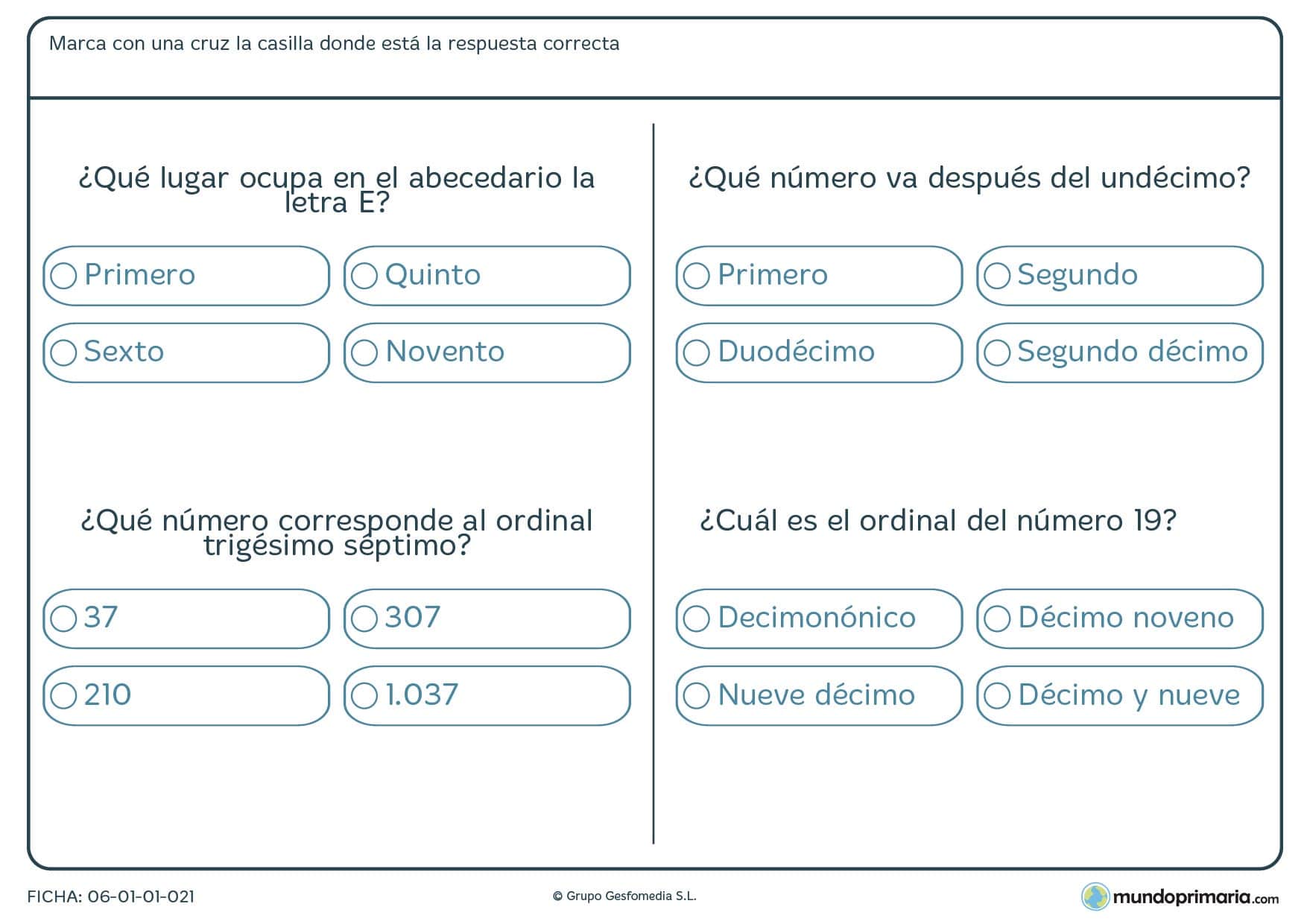 Ficha de posiciones de una letra en la que has de indicar que puesto ocupa dentro de una palabra.