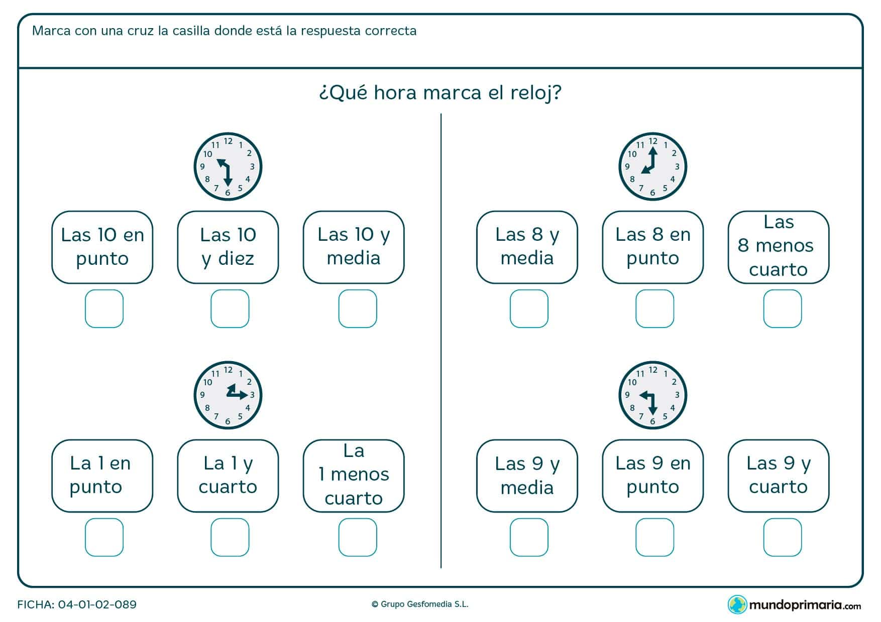 Ficha de que hora es de un reloj analógico, con tres opciones de respuesta para señalar.