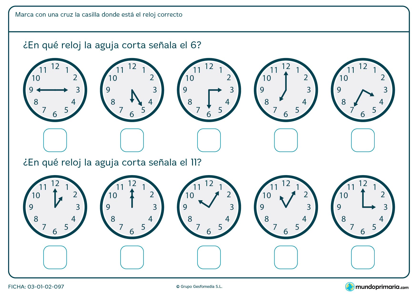 Ficha de qué marca la aguja del reloj para decir en qué reloj son las 6 en punto y en cuál las 11 en punto.