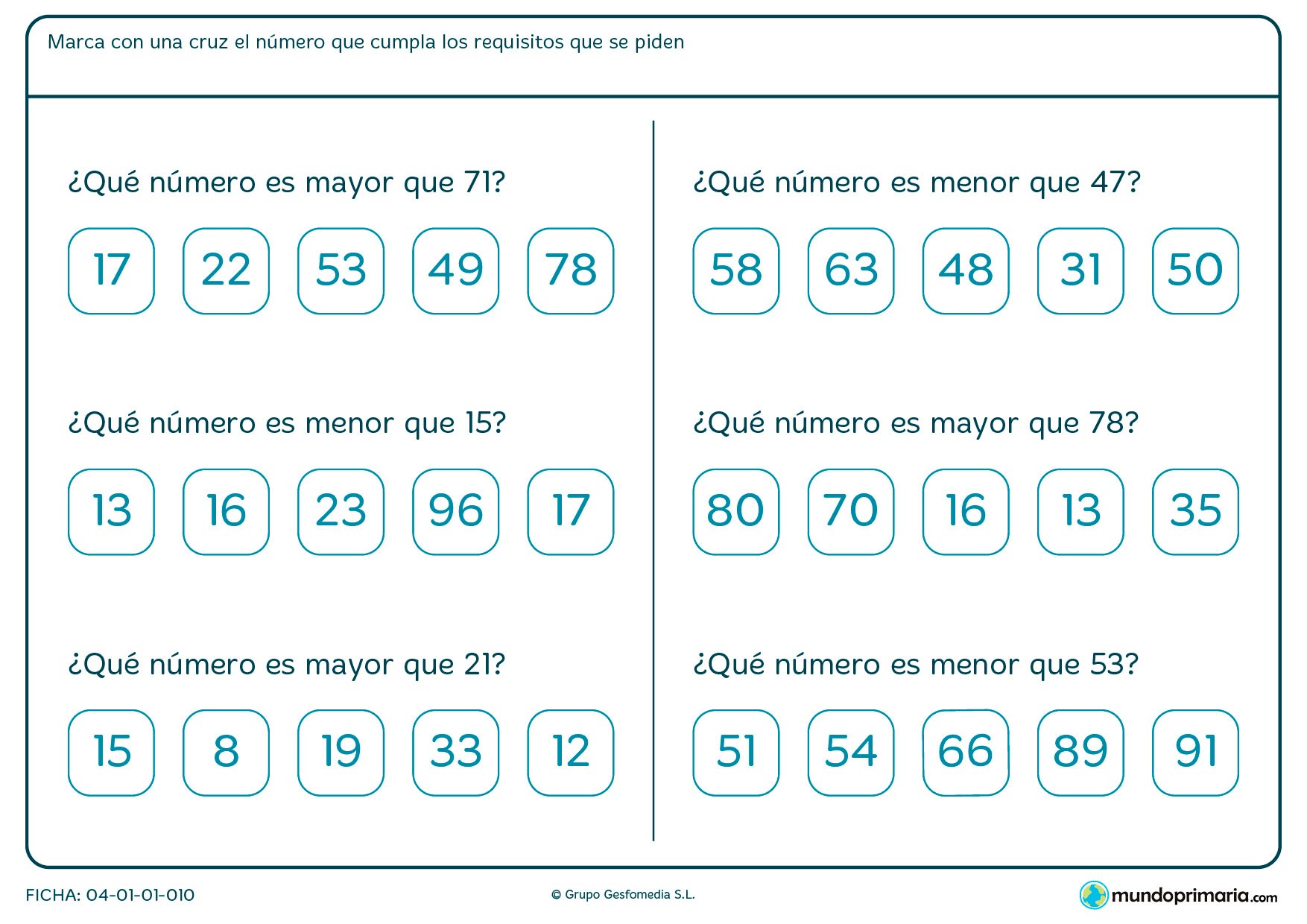 Ficha de qué número es menor al que te damos. Marca la respuesta correcta.