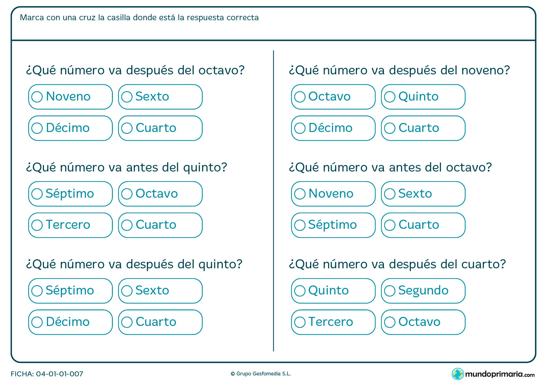 Ficha de qué número va antes o después del ordinal que te mostramos.