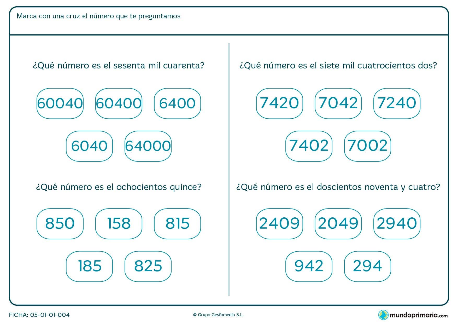 Ficha de reconocer números escritos en palabras y señalas cuál es el correcto de las opciones que te damos.