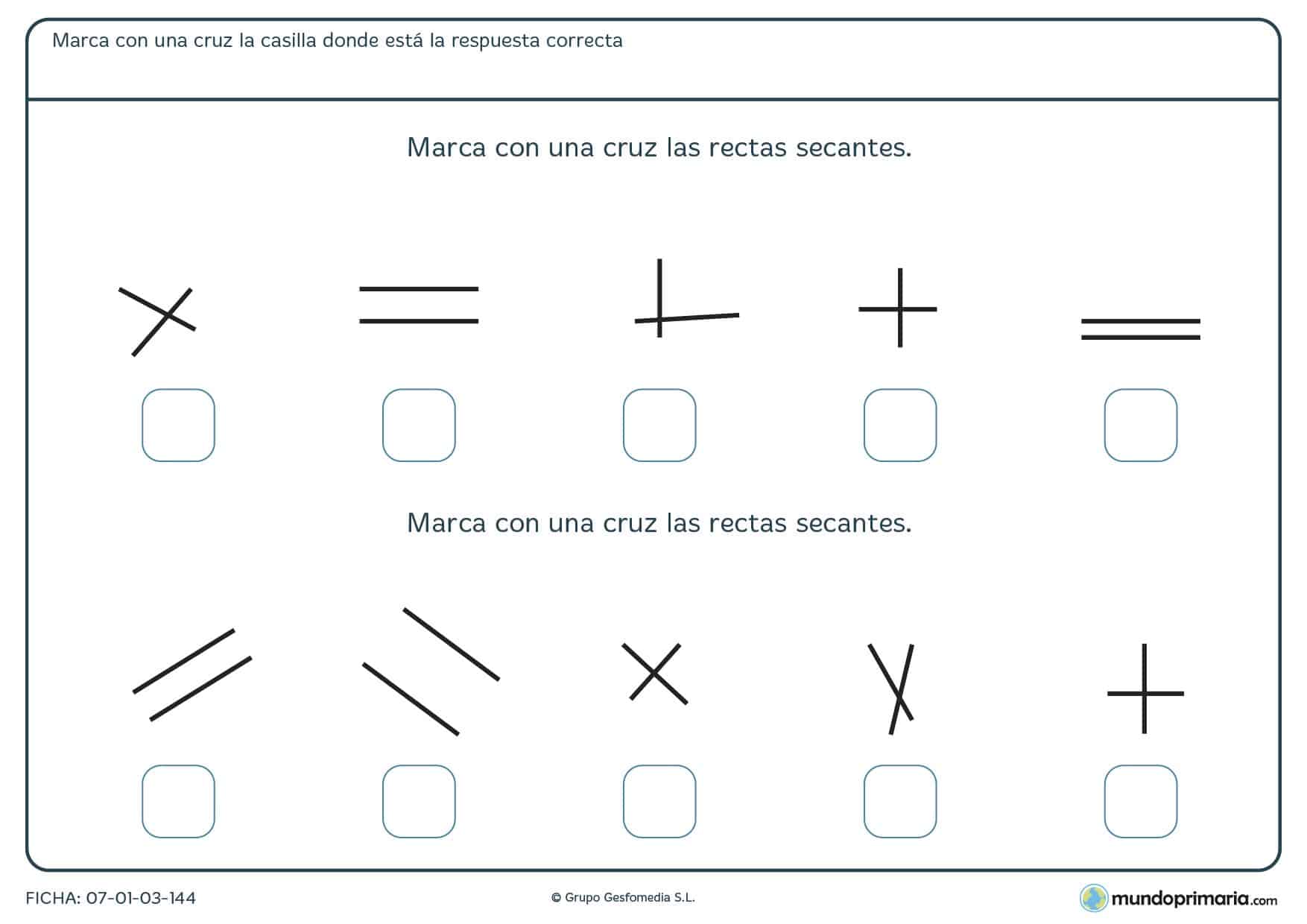 Ficha de rectas secantes con 10 tipos diferentes de pares de rectas, señala las secantes.