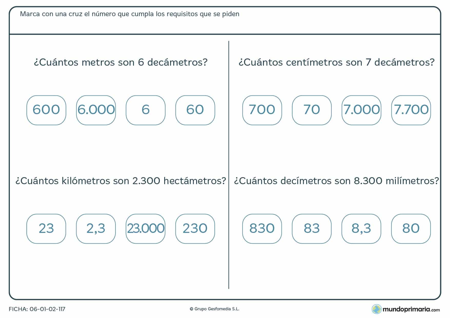 Ficha de relación de medidas en la que deberás marcar la medida correcta como respuesta a la pregunta.