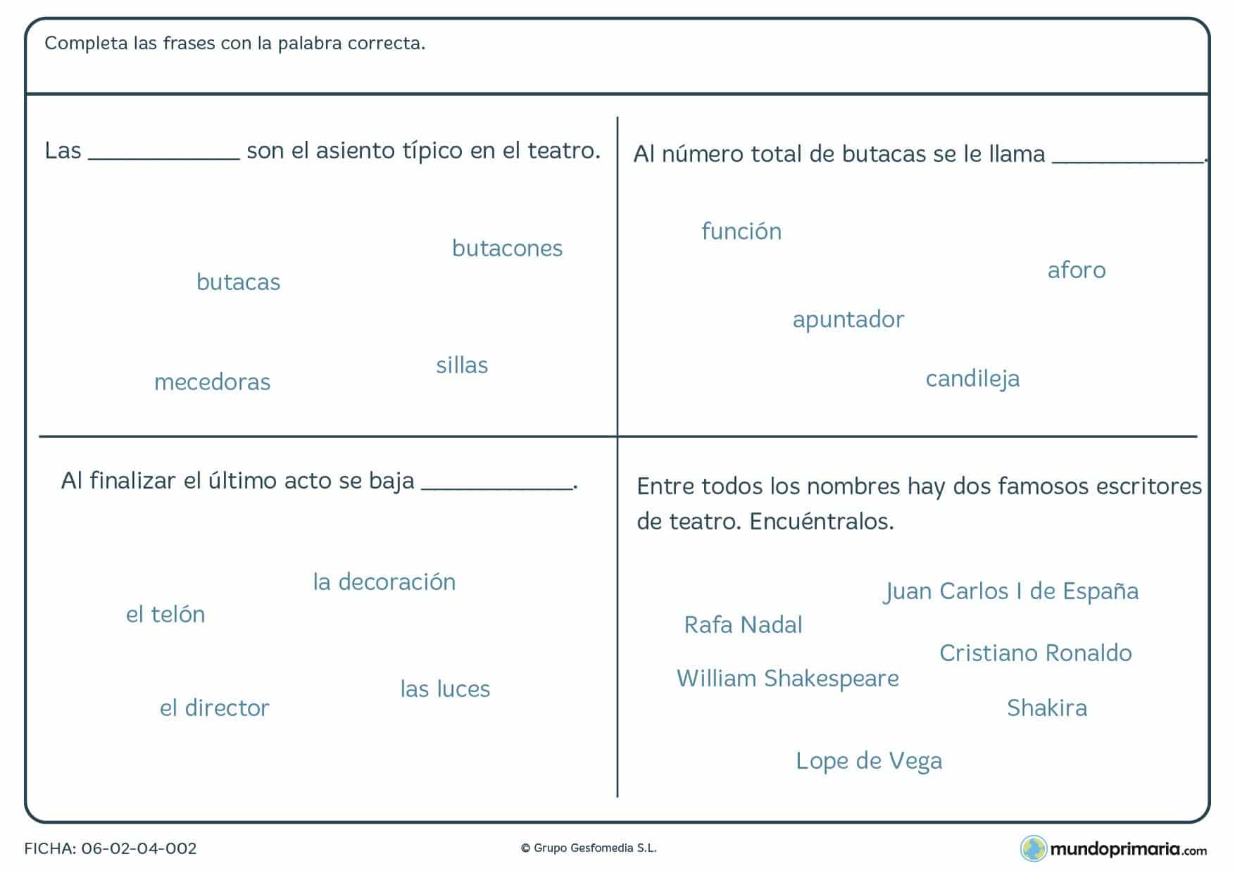 Ficha de rellenar huecos con palabras en sus lugares correspondientes y de la forma correcta.
