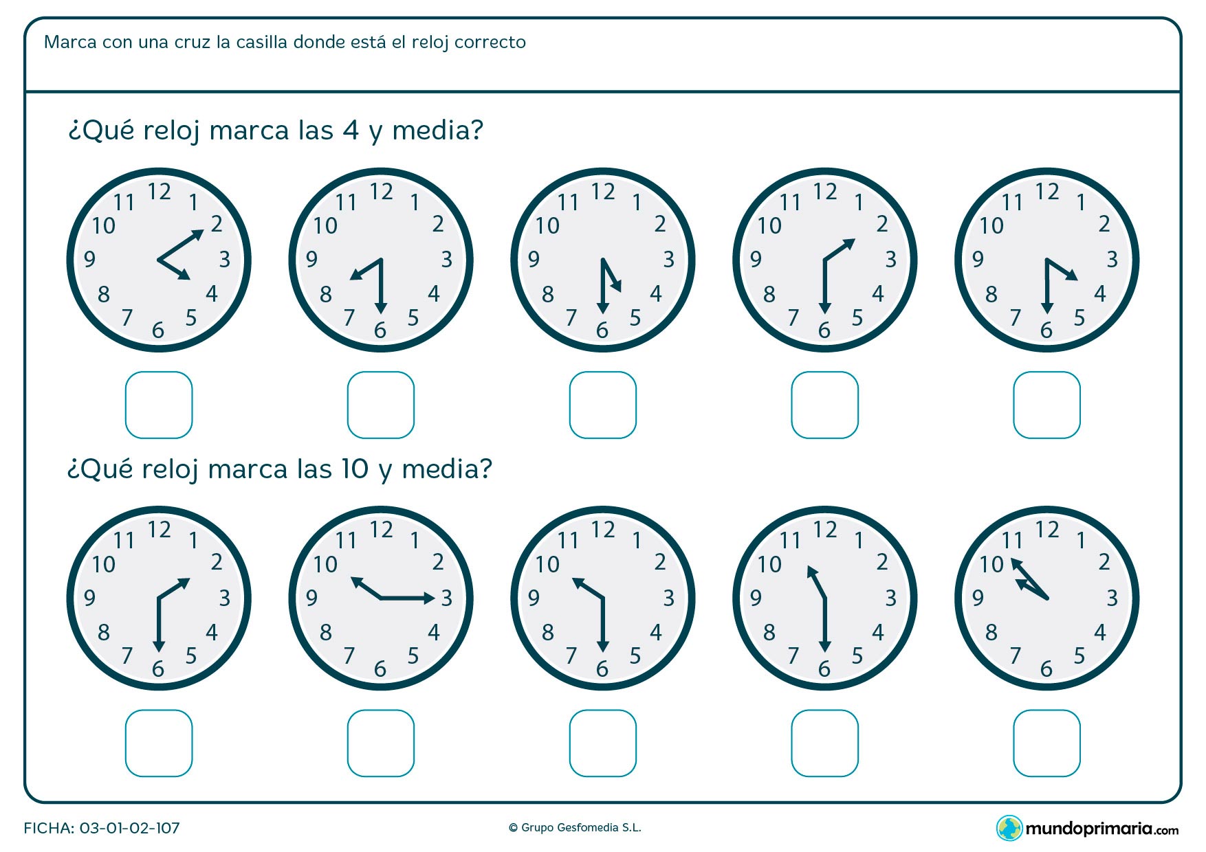 Ficha de reloj a y media en la que debes señalar los relojes que marcan las horas medias que te pedimos.