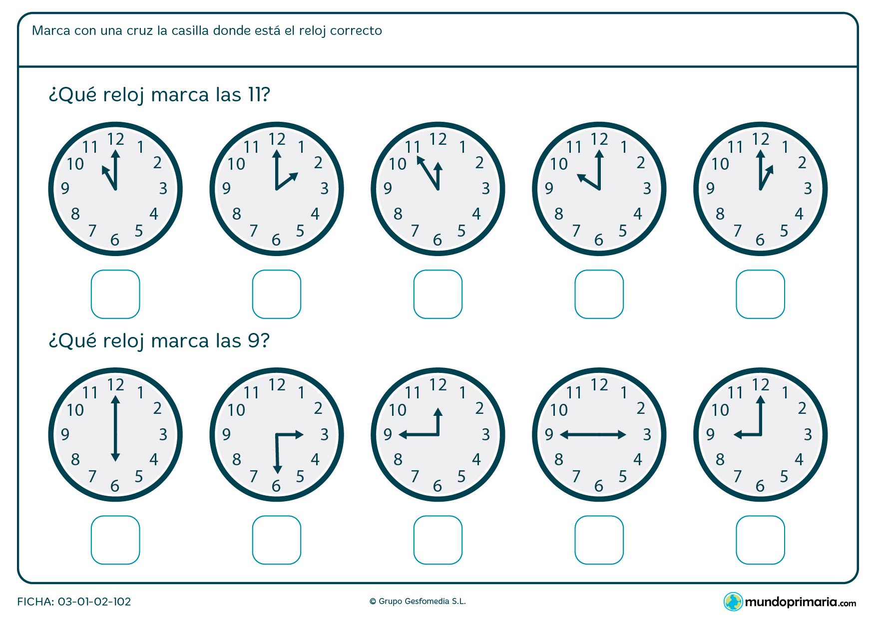 Ficha de reloj analógico para decir en qué reloj son las 11 en punto y en cuál las 9 en punto.
