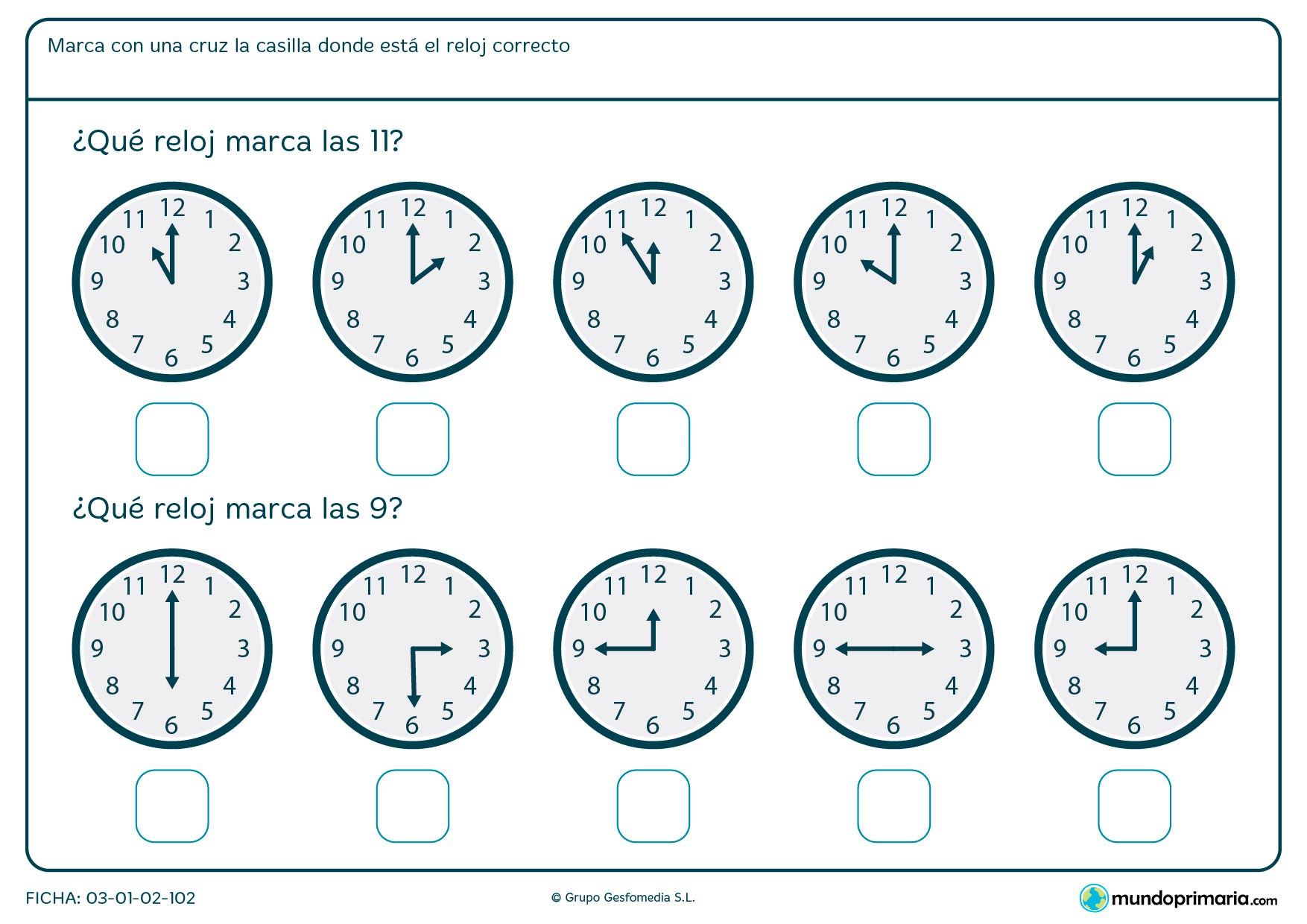 Ficha de reloj analógico para decir en qué reloj son las 11 en punto y en cuál las 9 en punto.