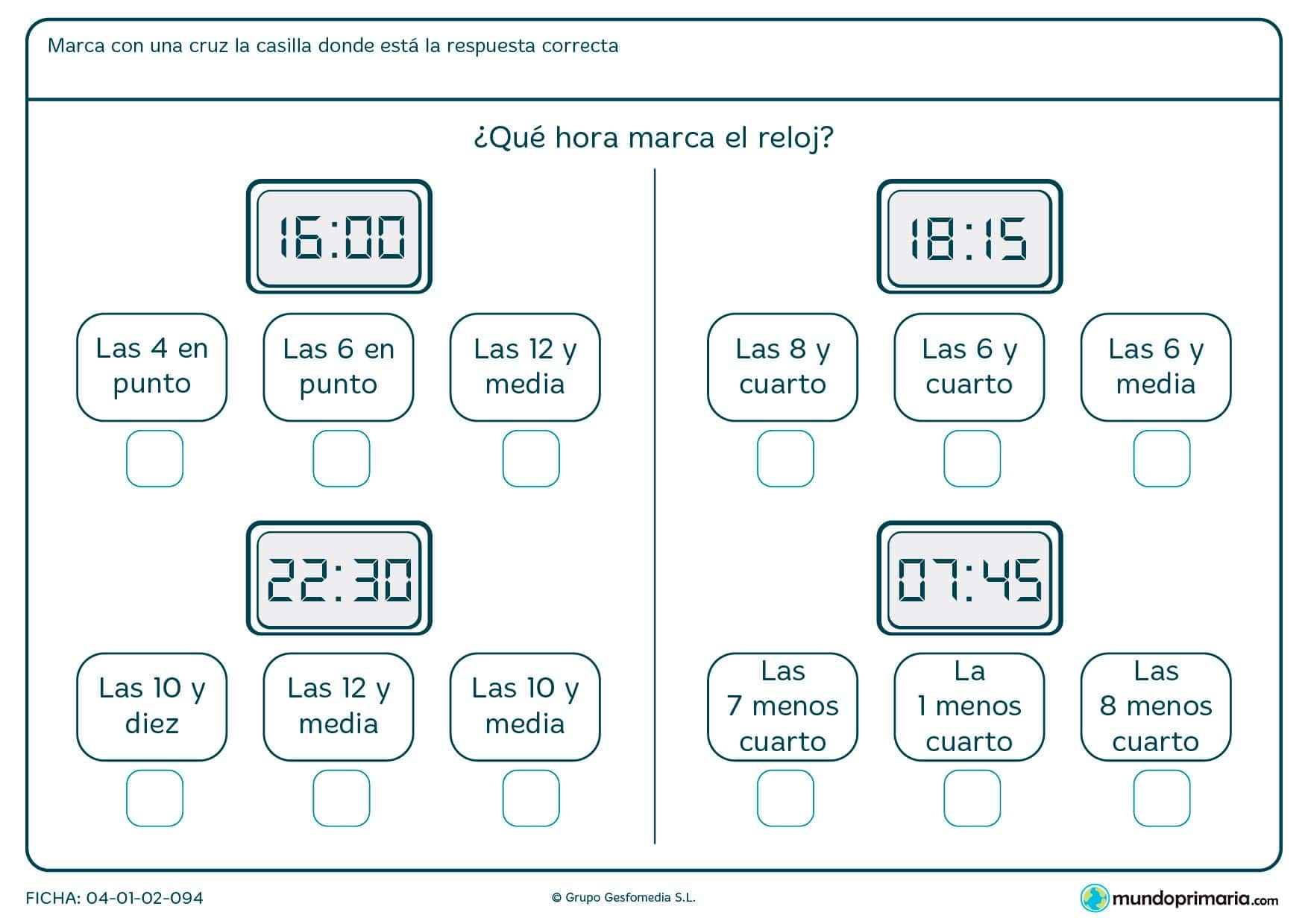 Ficha de reloj digital para leer su hora y contestar a la pregunta de forma idónea.