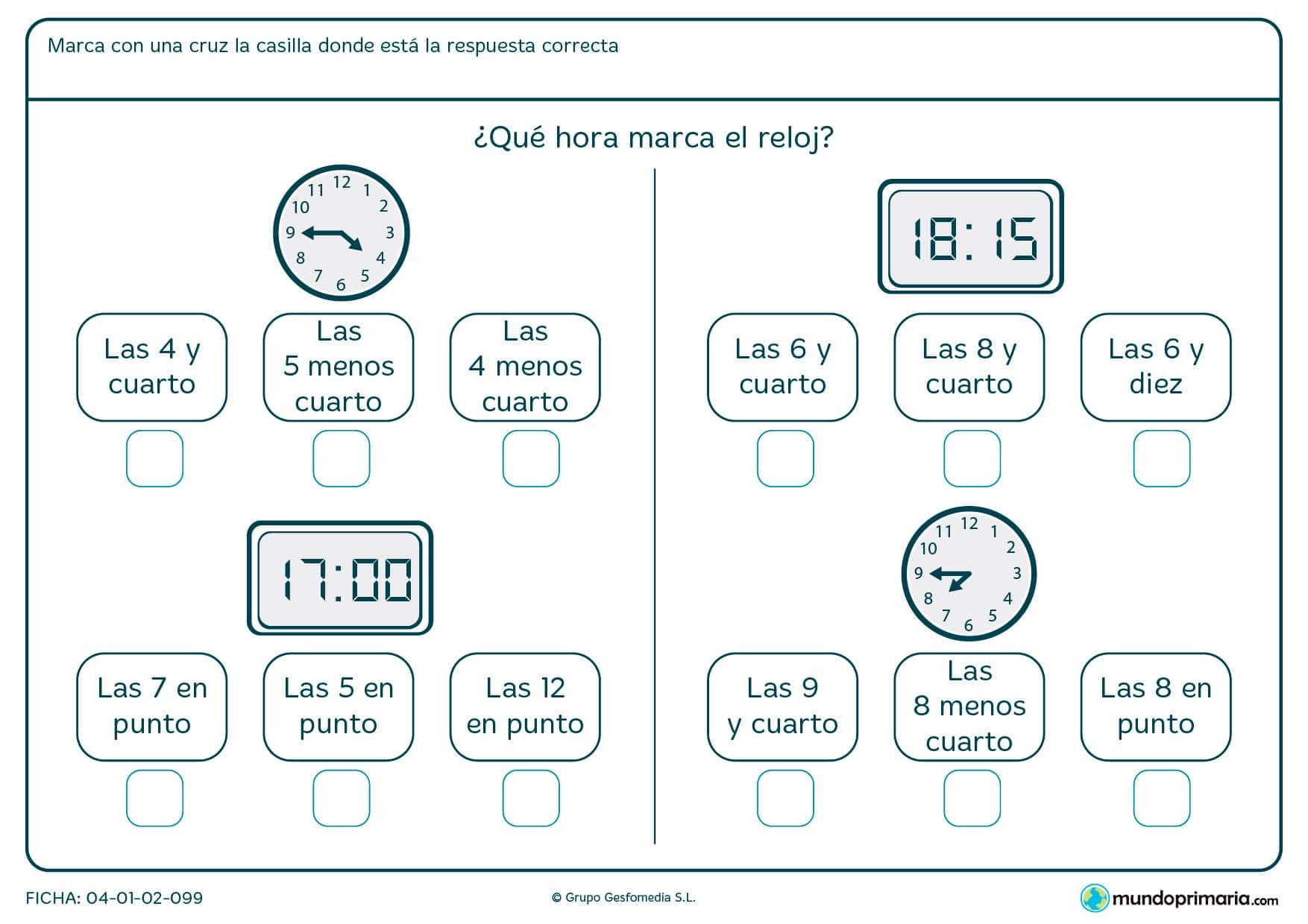 Ficha de reloj digital y analógico. Pon la hora correcta de estos relojes.