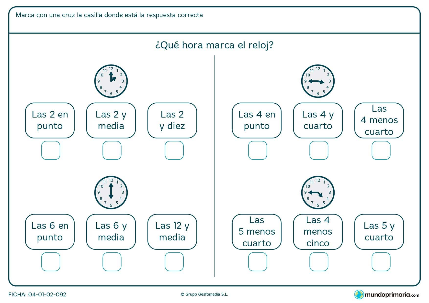Ficha de relojes analógicos. Marca el reloj con la hora que te pedimos.