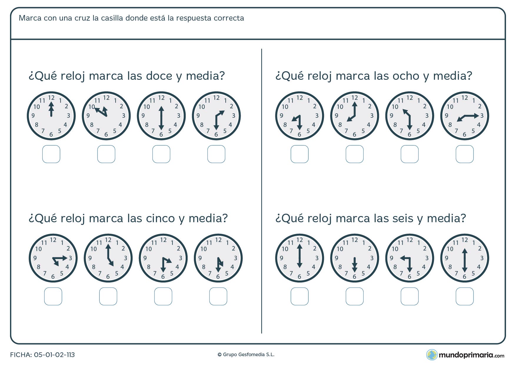 Ficha de relojes analógicos en los que hemos de averiguar la hora que se nos pide.