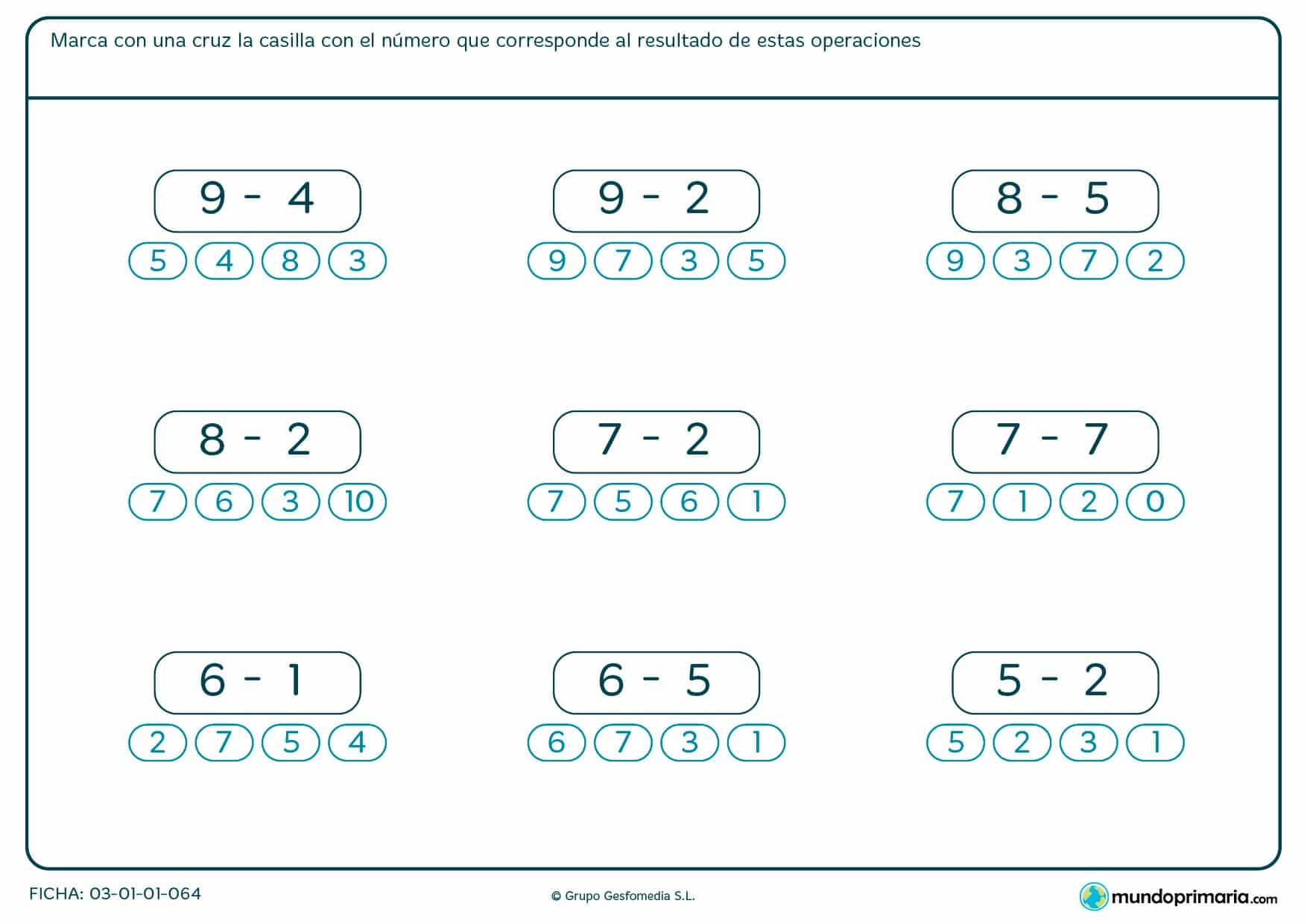 Ficha de restar dos números para marcar con una X la solución.