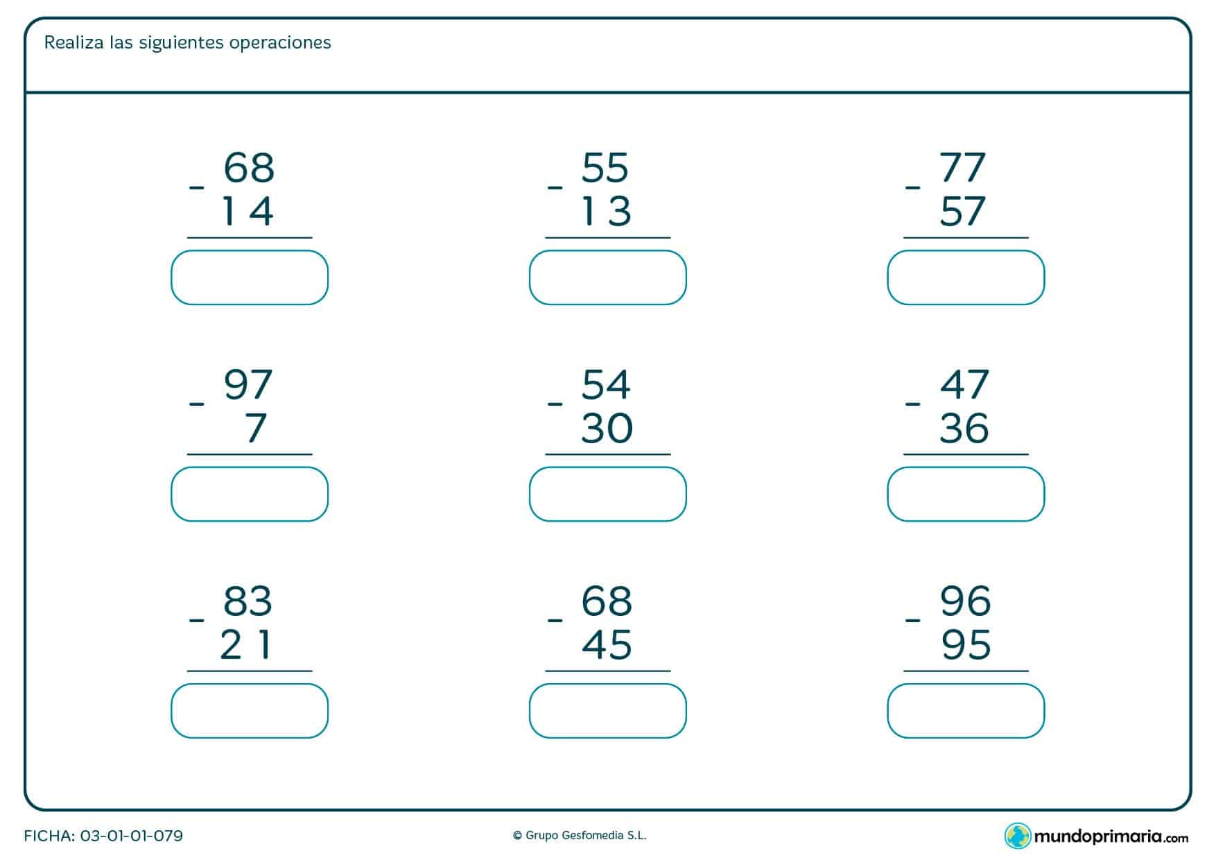 Ficha de restar números de 2 cifras en vertical en la que tienes que escribir la solución.