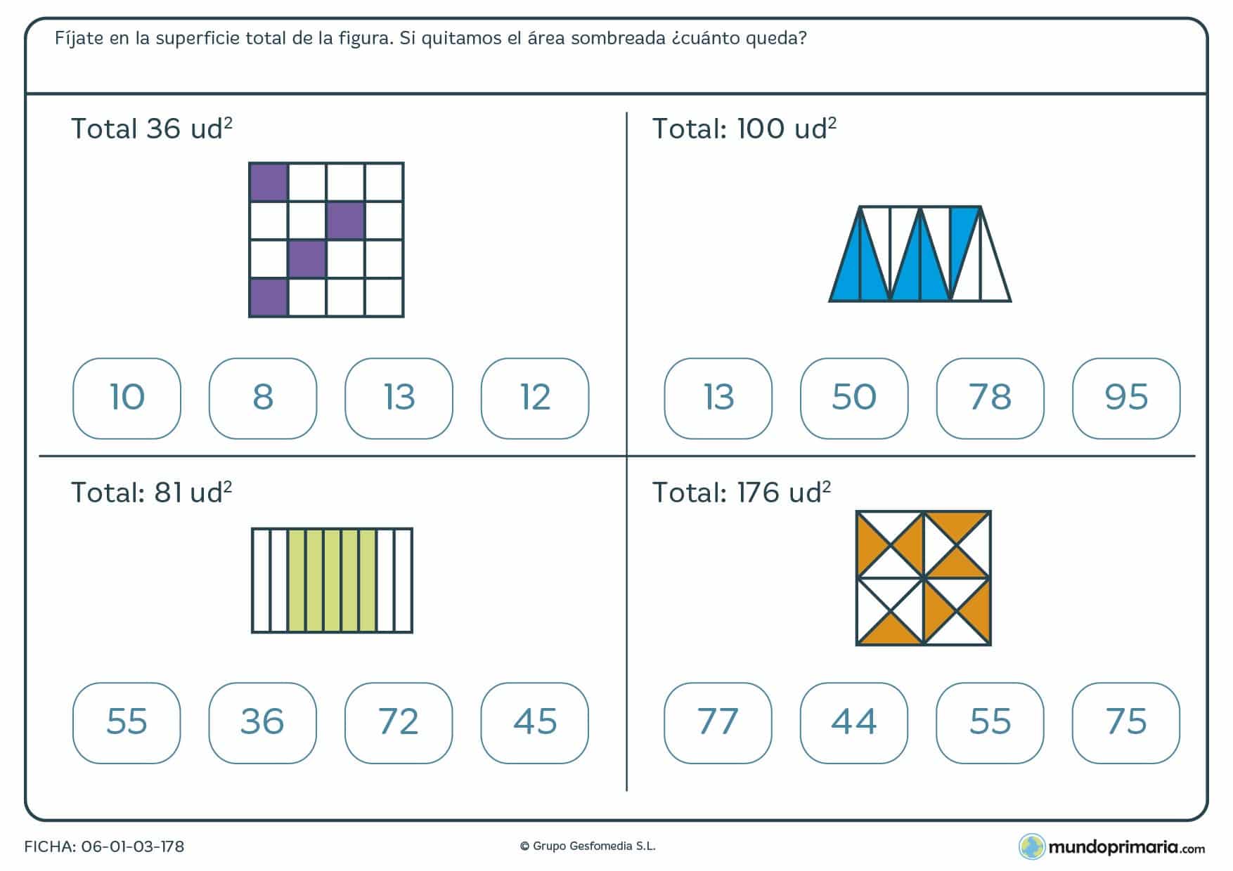 Ficha de restar unidades cuadradas que aparecen sobreadas del total de la figura.