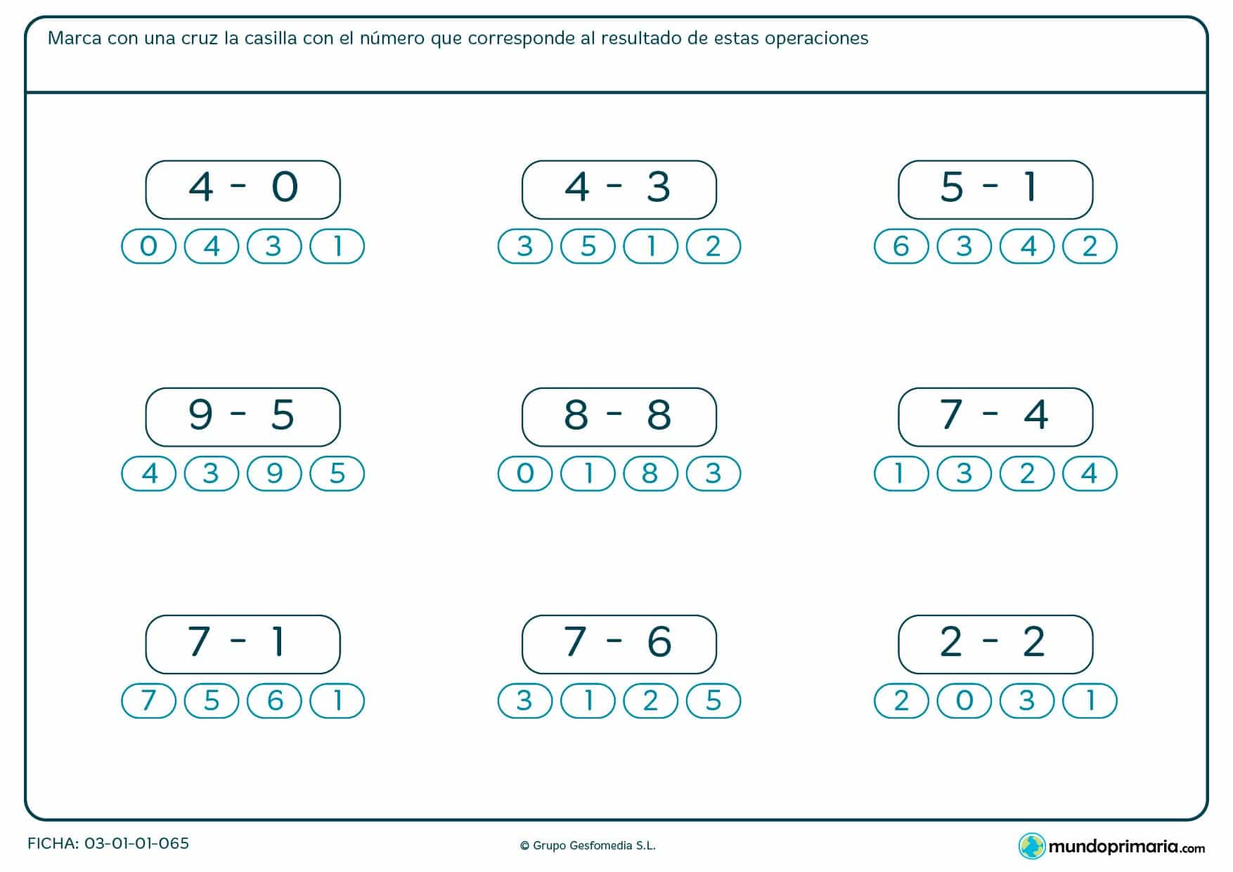 Ficha de restas en la que has de elegir el total correcto entre cuatro posibles.