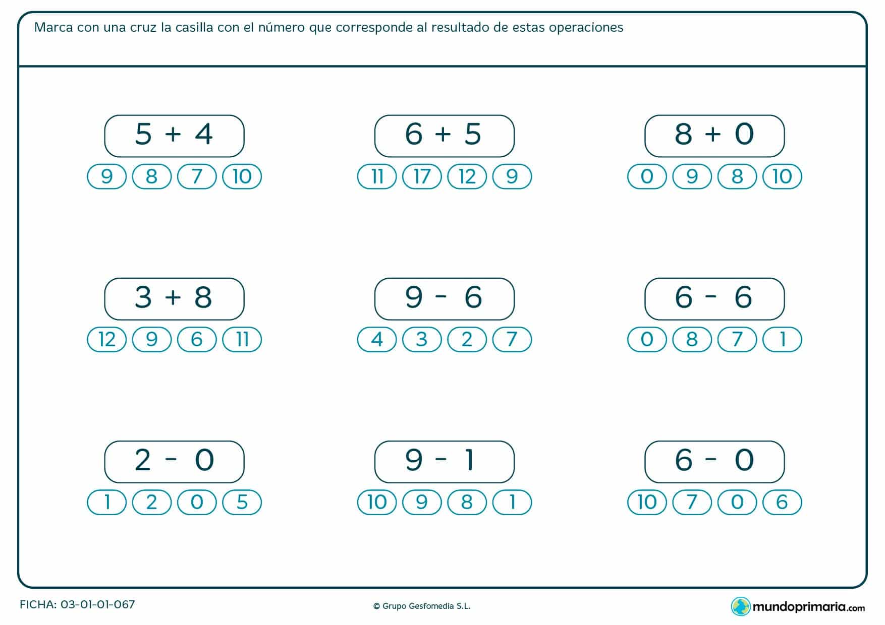 Ficha de restas y sumas con un total de nueve operaciones que tienen 4 respuestas cada una.