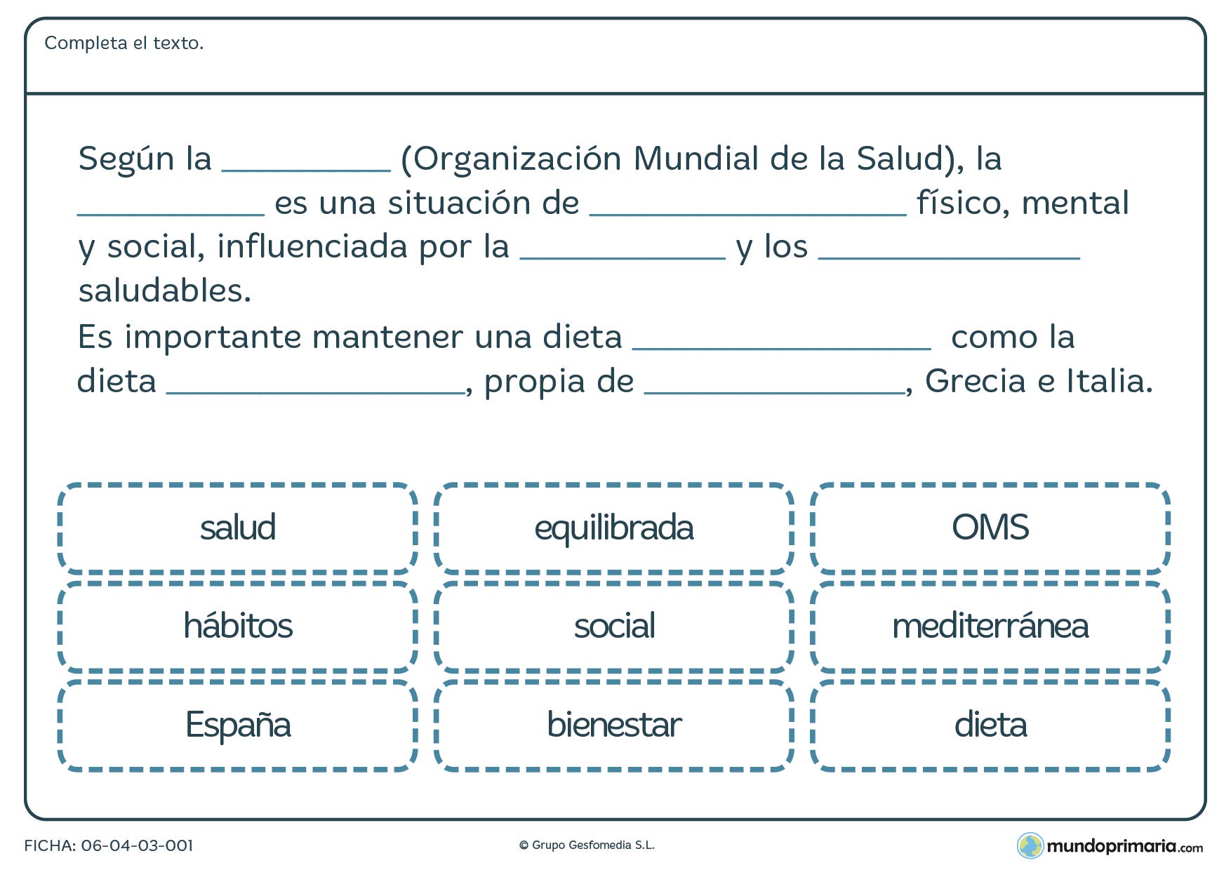 Ficha de salud para rellenar los campos vacíos con la palabras correspondientes.