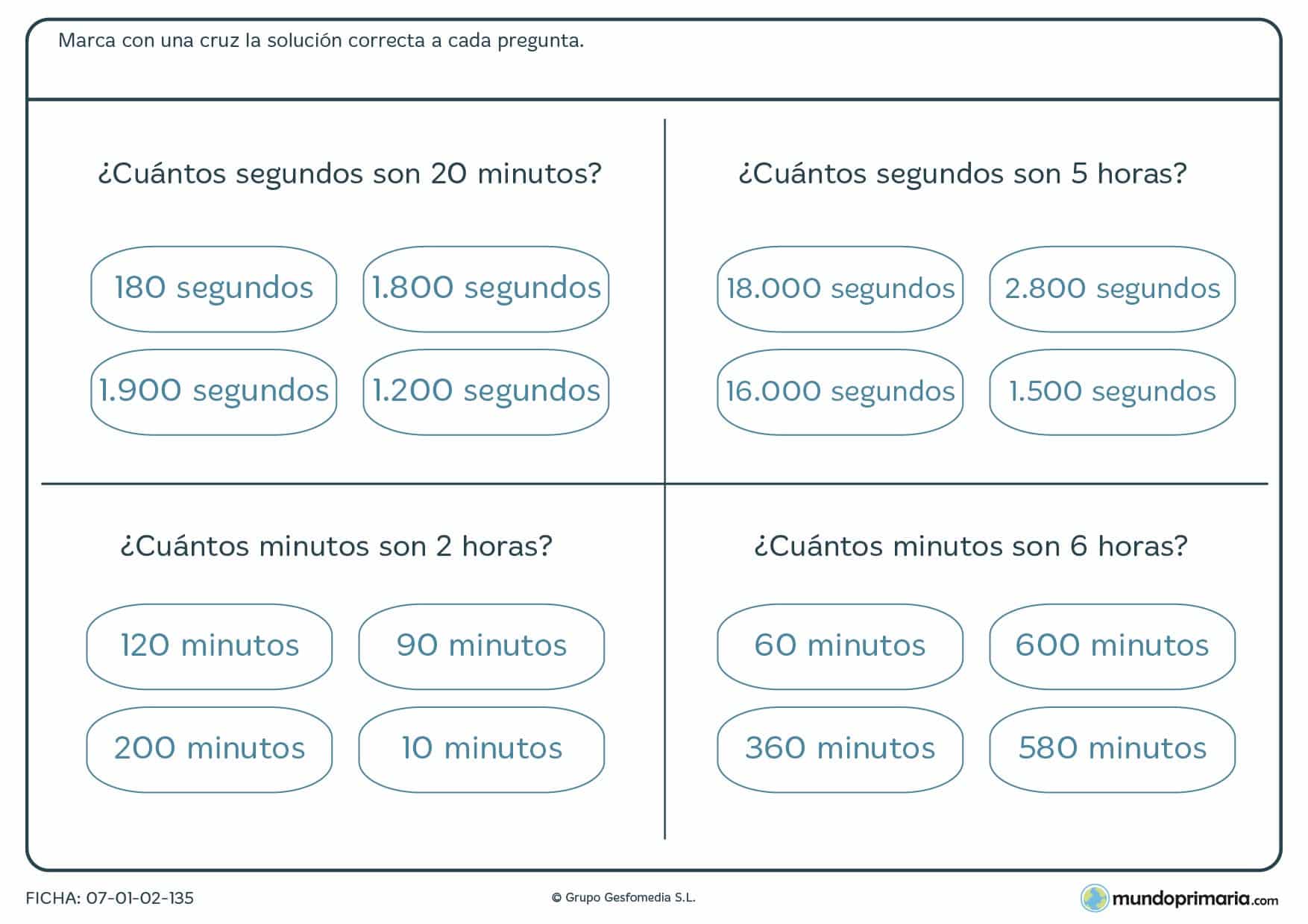 Ficha de segundos y minutos. Dinos cuántos segundos tienen x horas y viceversa.