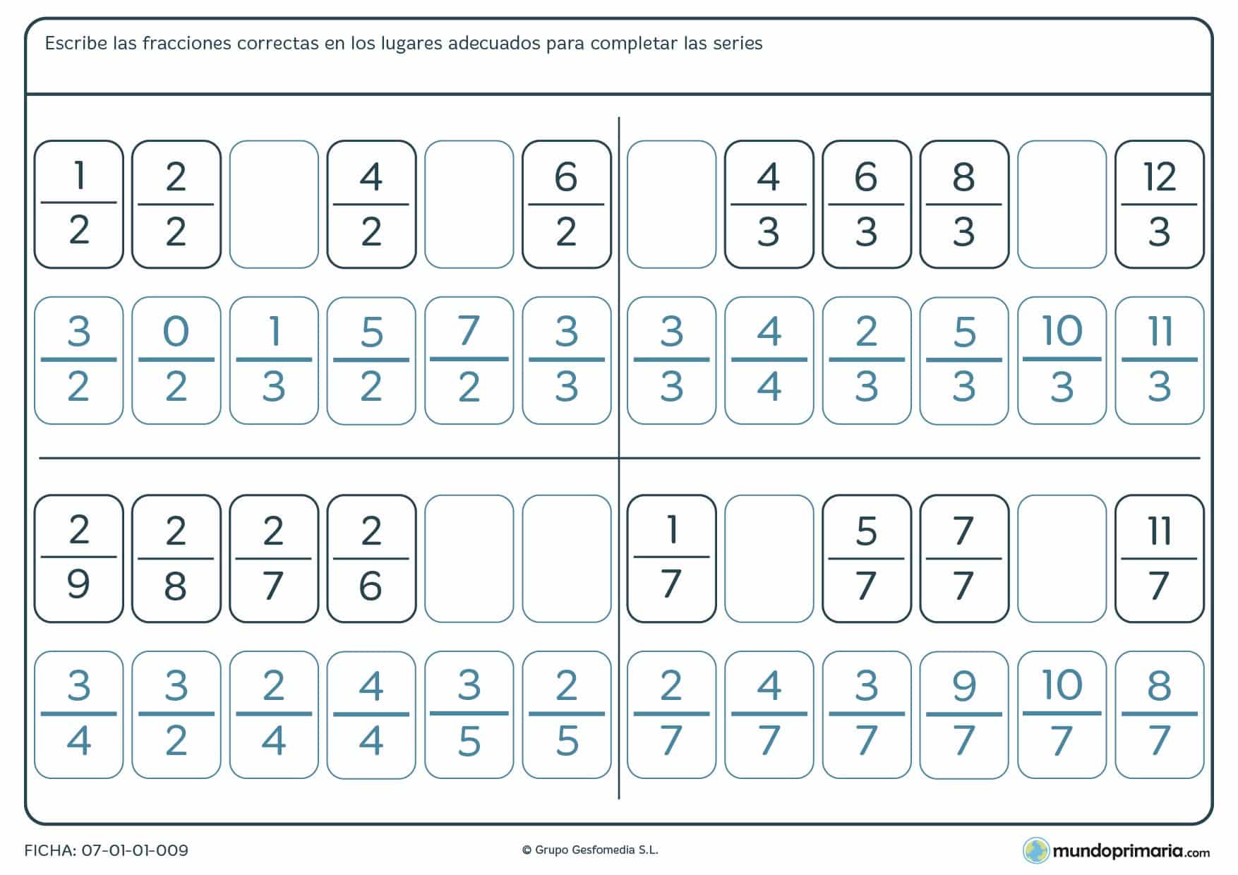 Ficha de series de fracciones para completar las que faltan siguiendo un orden lógico.