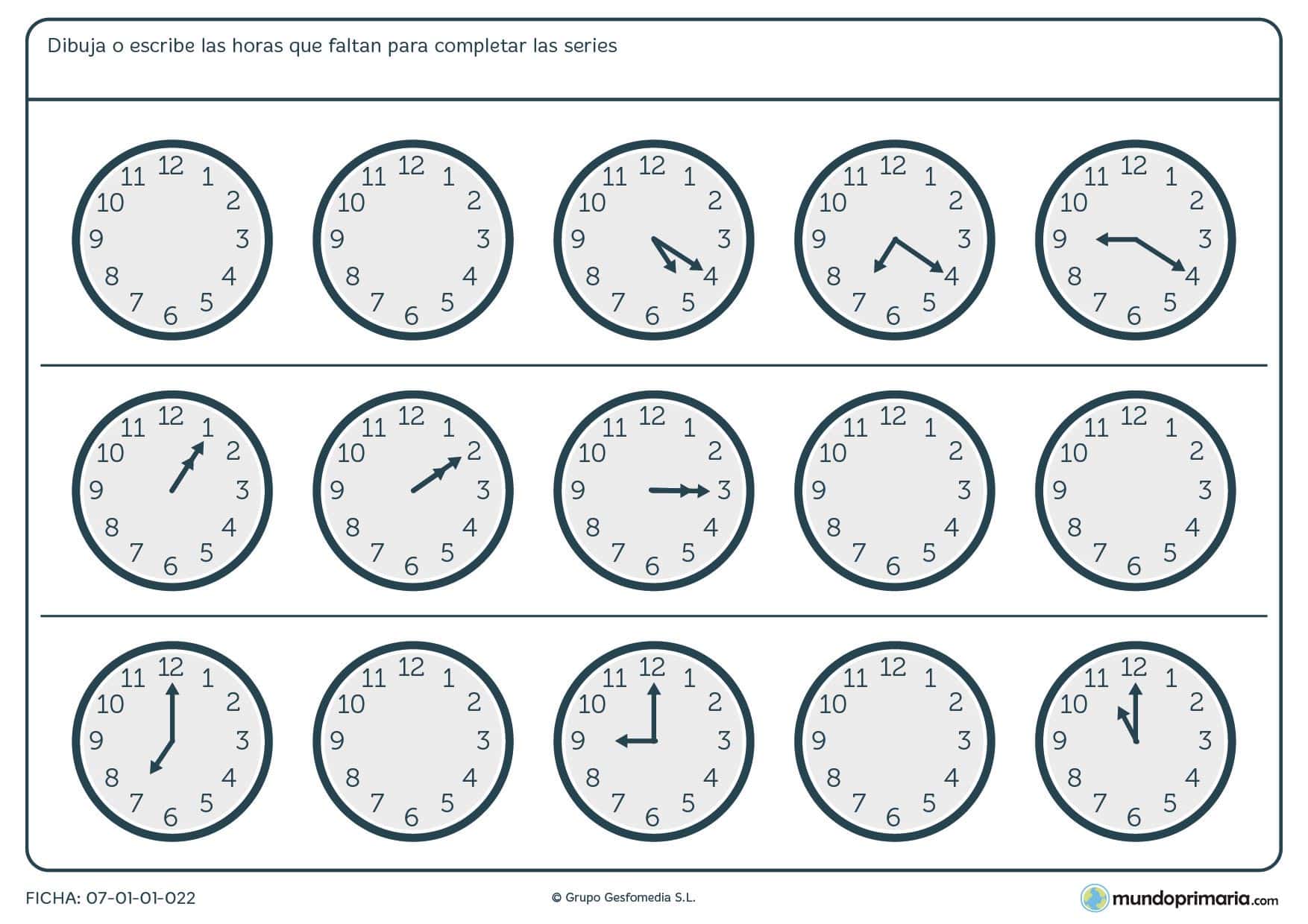 Ficha de series de horas en analógicos en la que debes terminar los relojes vacíos.