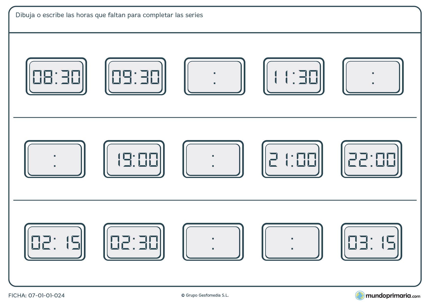 Ficha de series de horas en digitales completa la hora siguiente