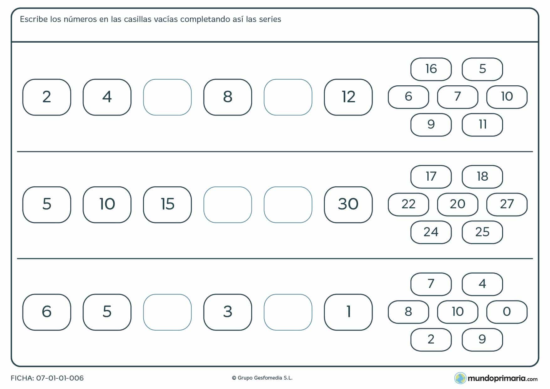 Ficha de series de números en las que has de rellenar los espacios en blanco con los números que corresponden.