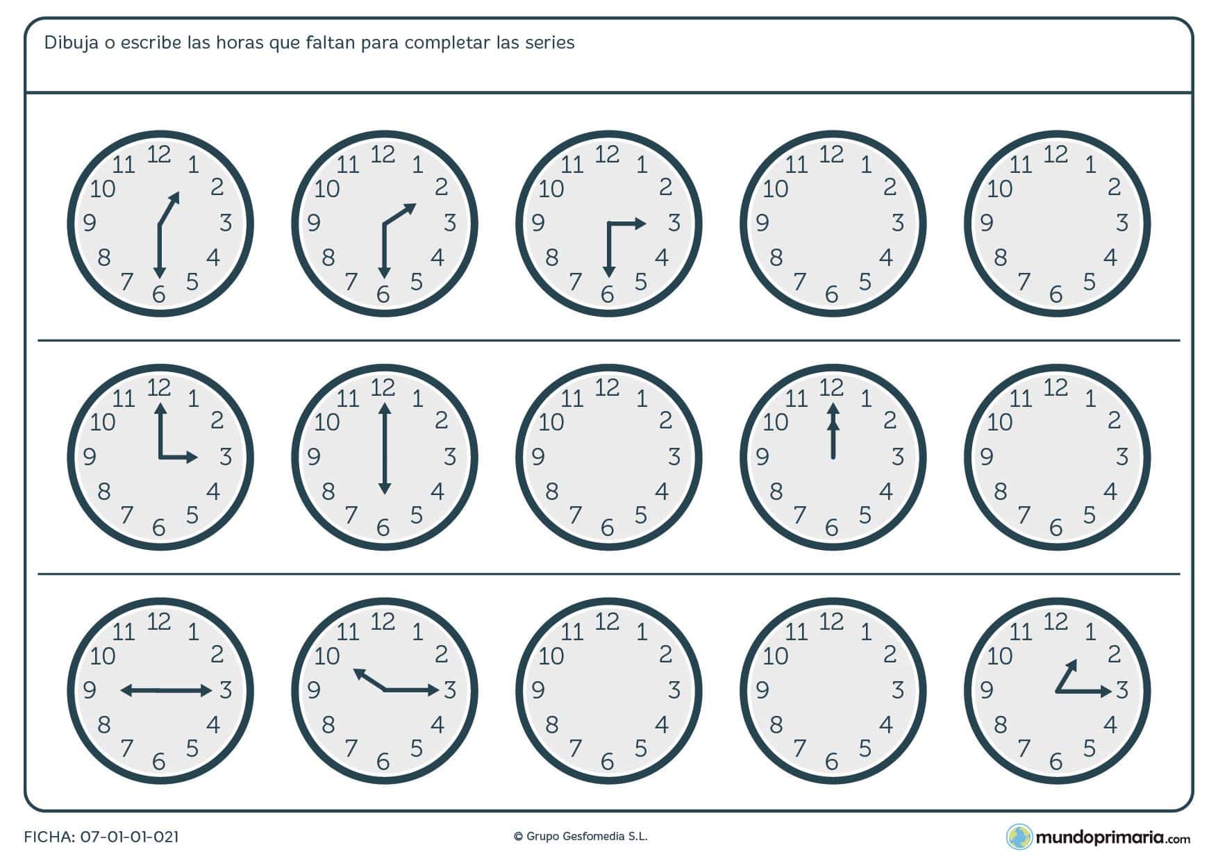 Ficha de series de relojes analógicos completa la hora siguiente