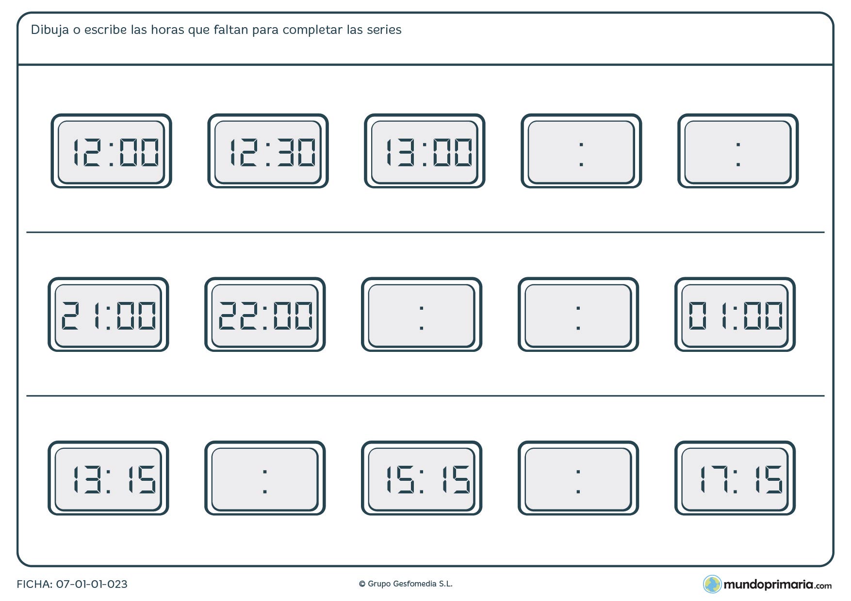 Ficha de series de relojes digitales en la que debes terminar los relojes vacíos.