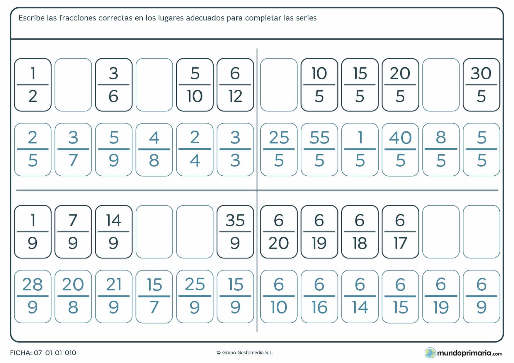 Ficha de series lógicas de fracciones para completar los espacios vacíos con las fracciones que crean.