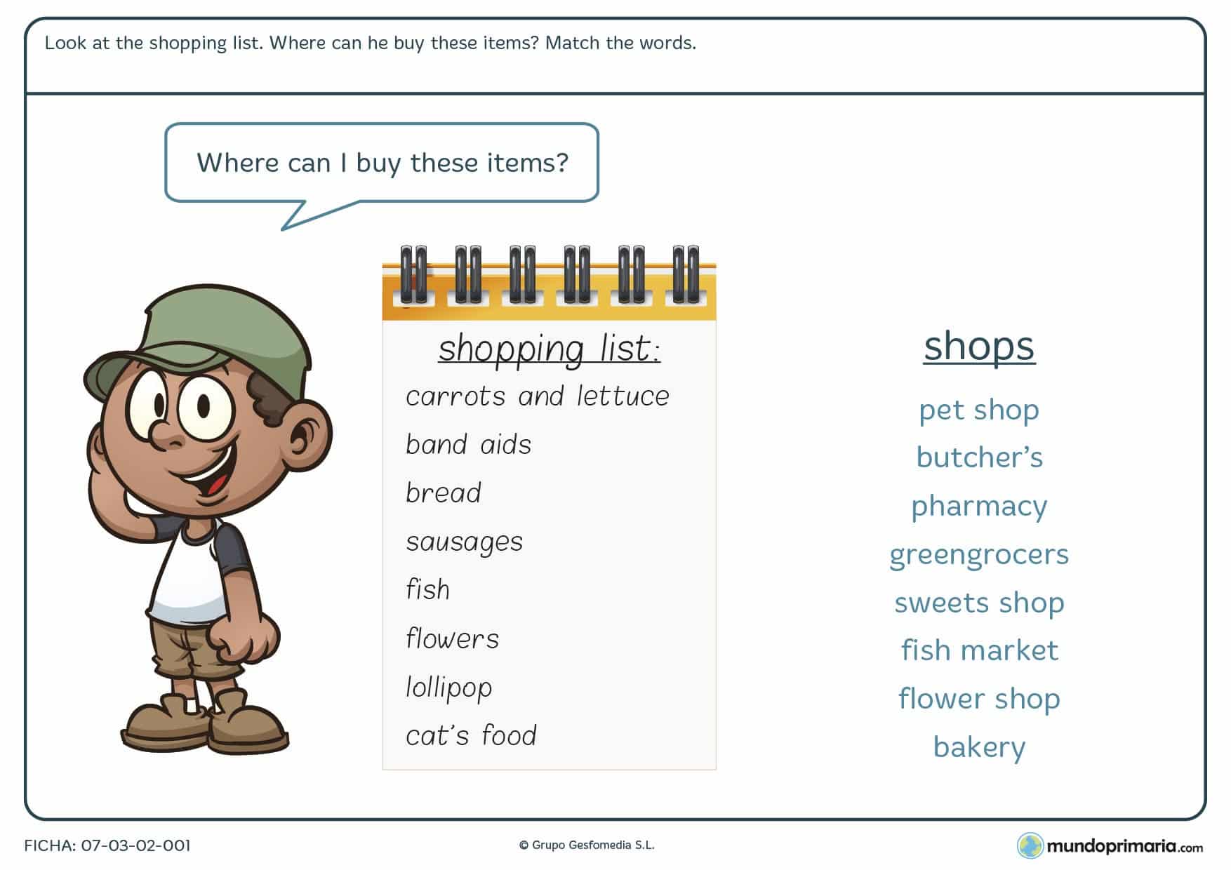 Esta ficha de shopping list es un ejercicio de repaso para saber donde comprar cada producto en inglés