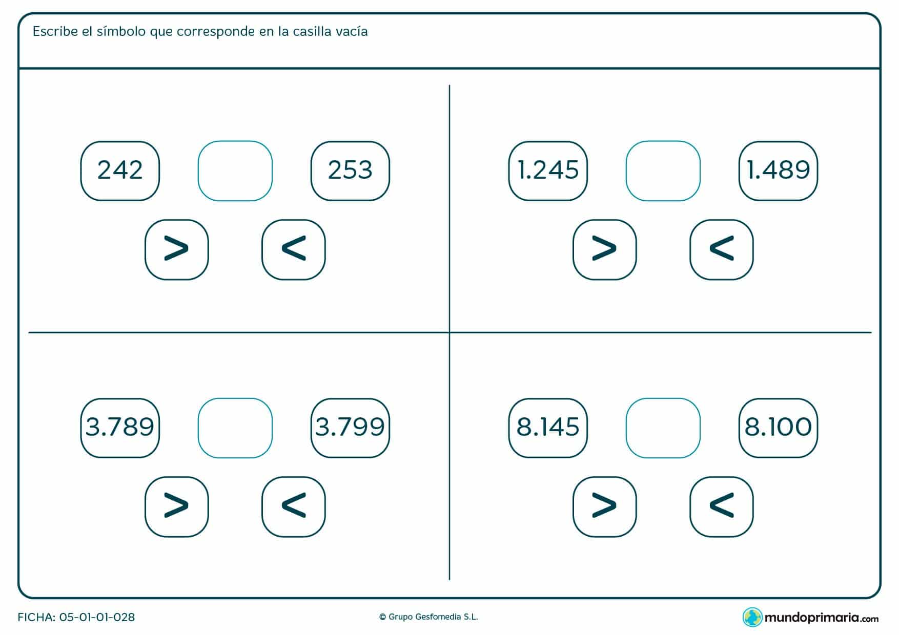 Ficha de signo de mayor y de signo menor que tendrás que escribir en el espacio en blanco.