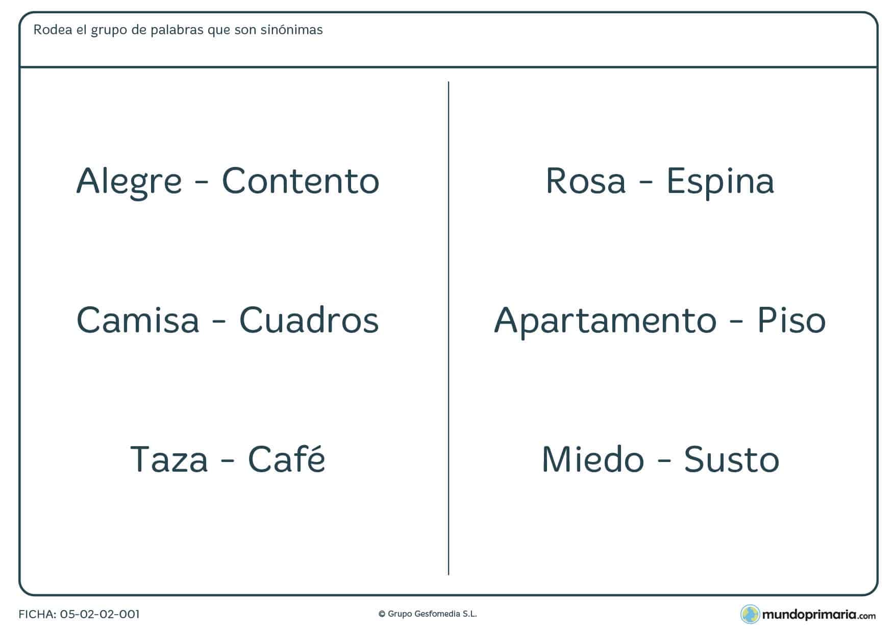 Ficha de palabras sinónimas en la que tienes que marcar las palabras que lo son.