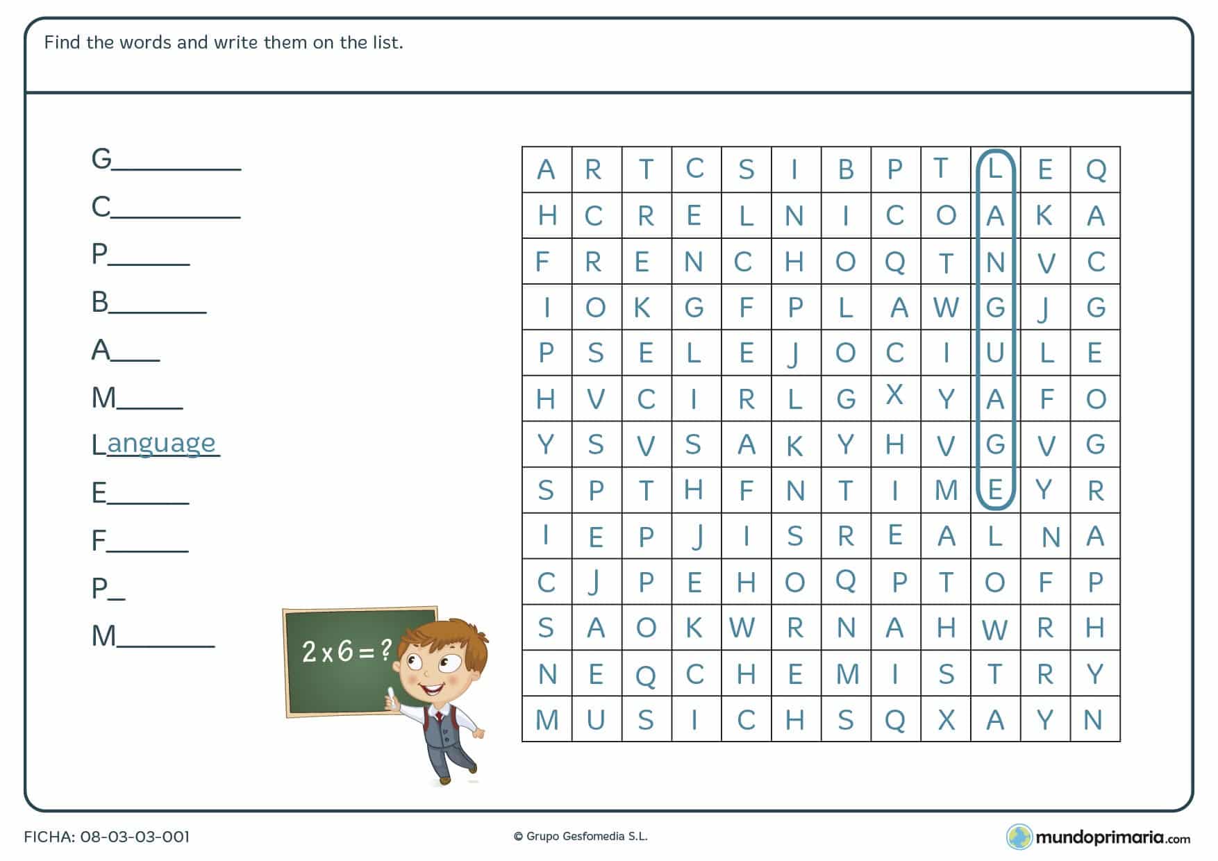 Imprime esta ficha de sopa de letras en inglés para niños de primaria y realiza ejercicios de apoyo escolar en sexto curso de primaria