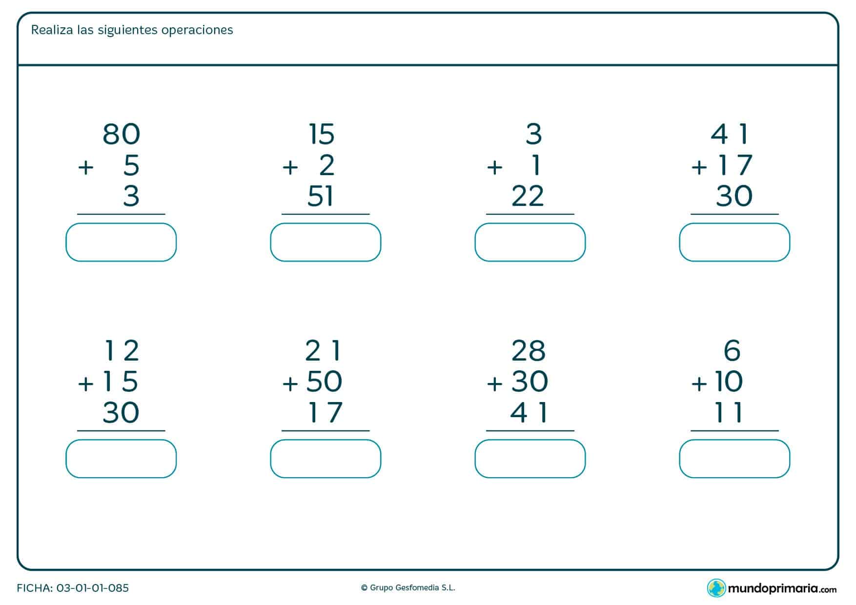 Ficha de sumar 3 números de 2 cifras para practicar rellenando las casillas en blanco con el resultado final.