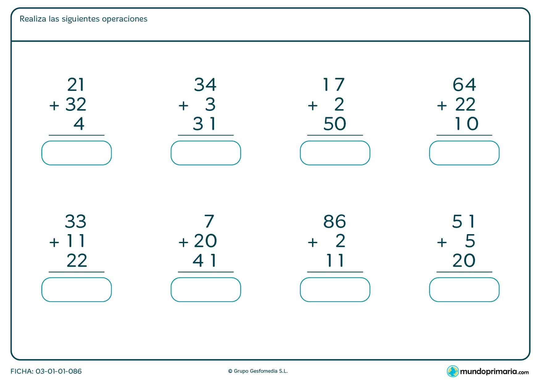 Ficha de sumar 3 números diferentes con un total de nueve operaciones. Complétalas dentro de la misma ficha.