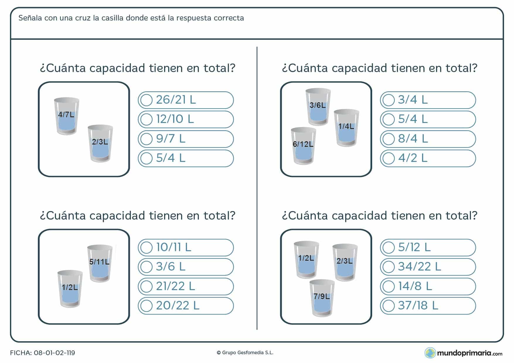 Ficha de sumar contenido de envases con líquidos y señalar la respuesta correcta.