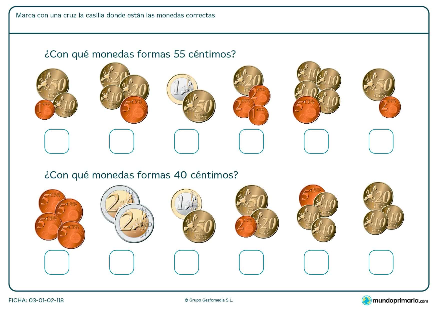 Ficha de sumar céntimos indicando cuál es el grupo que forman 55 céntimos y cuál el de 40 céntimos.