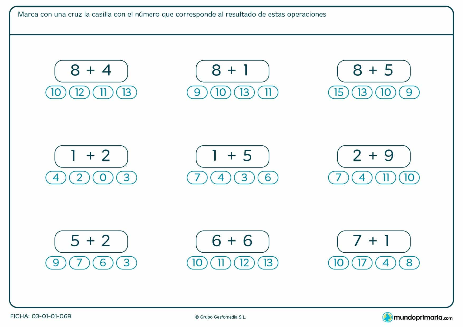 Ficha de sumar dos números para marcar con una X la solución.