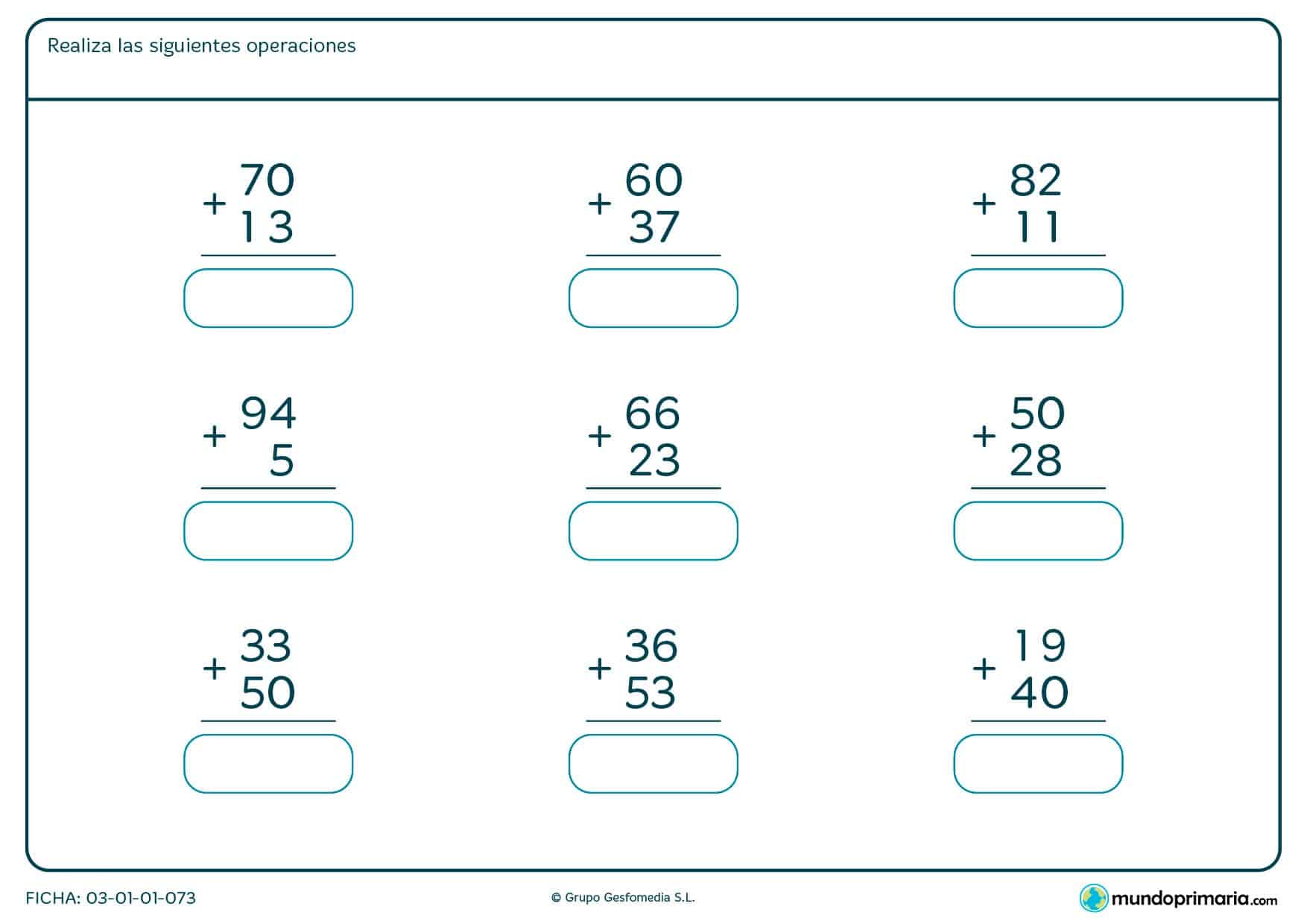 Ficha de sumar números de 2 cifras en vertical en la que tienes que escribir la solución.