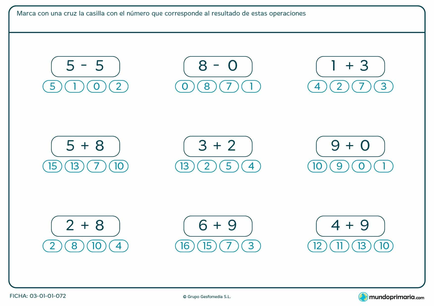 Ficha de sumar números con un total de nueve operaciones que tienen 4 respuestas cada una.