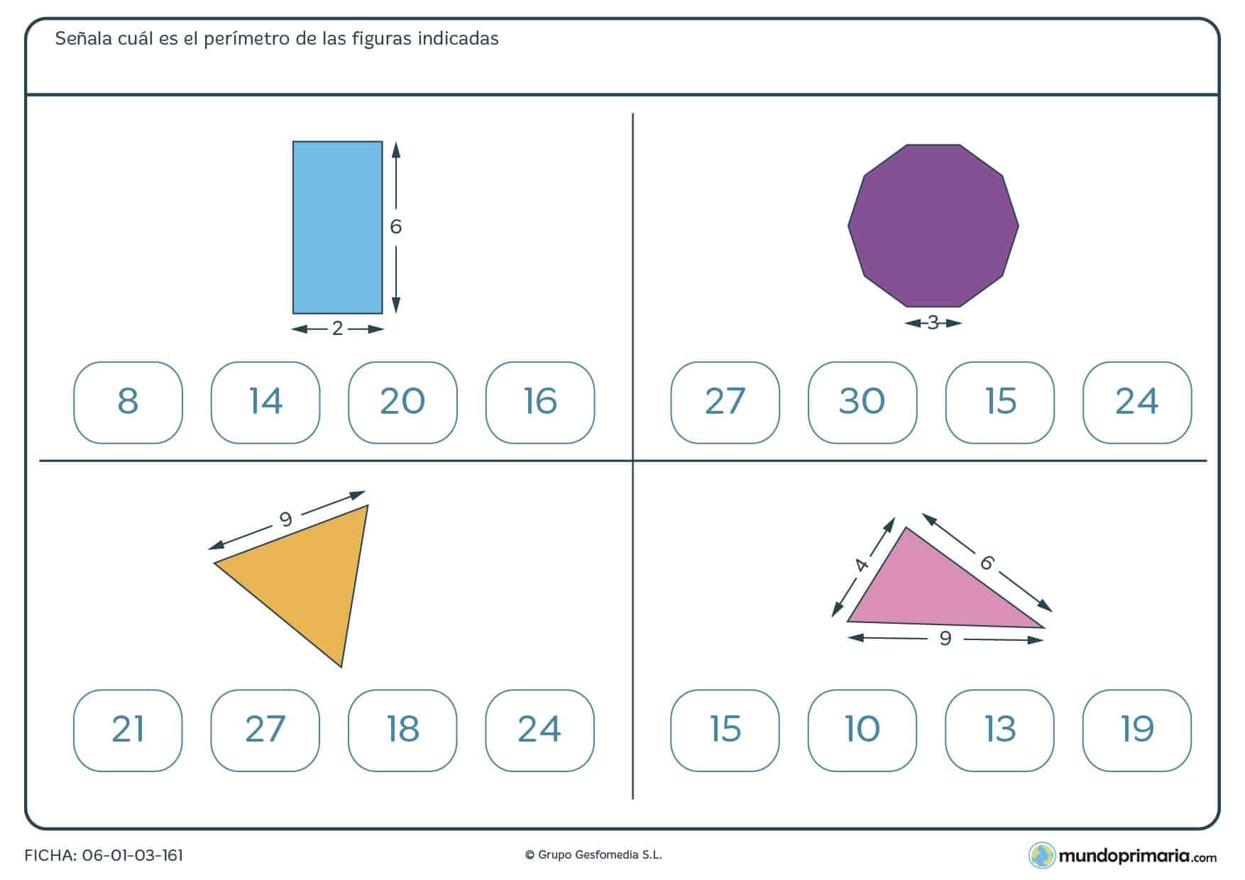 Ficha de sumar perímetro de figuras para sacar el resultado correcto que deberás marcar en la ficha.