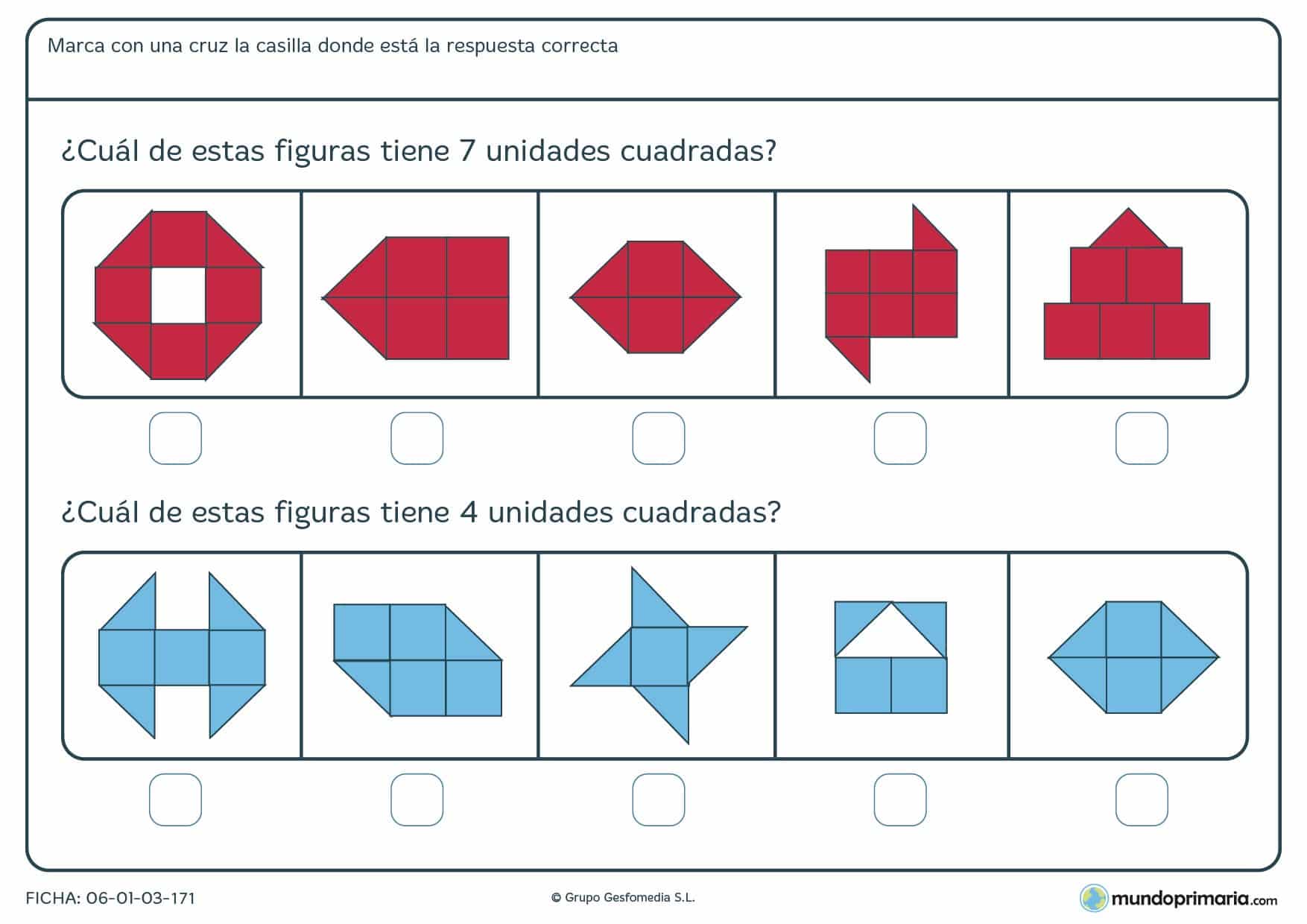 Ficha de sumar unidades cuadradas para marcar la respuesta sobre el total que te da esa suma.