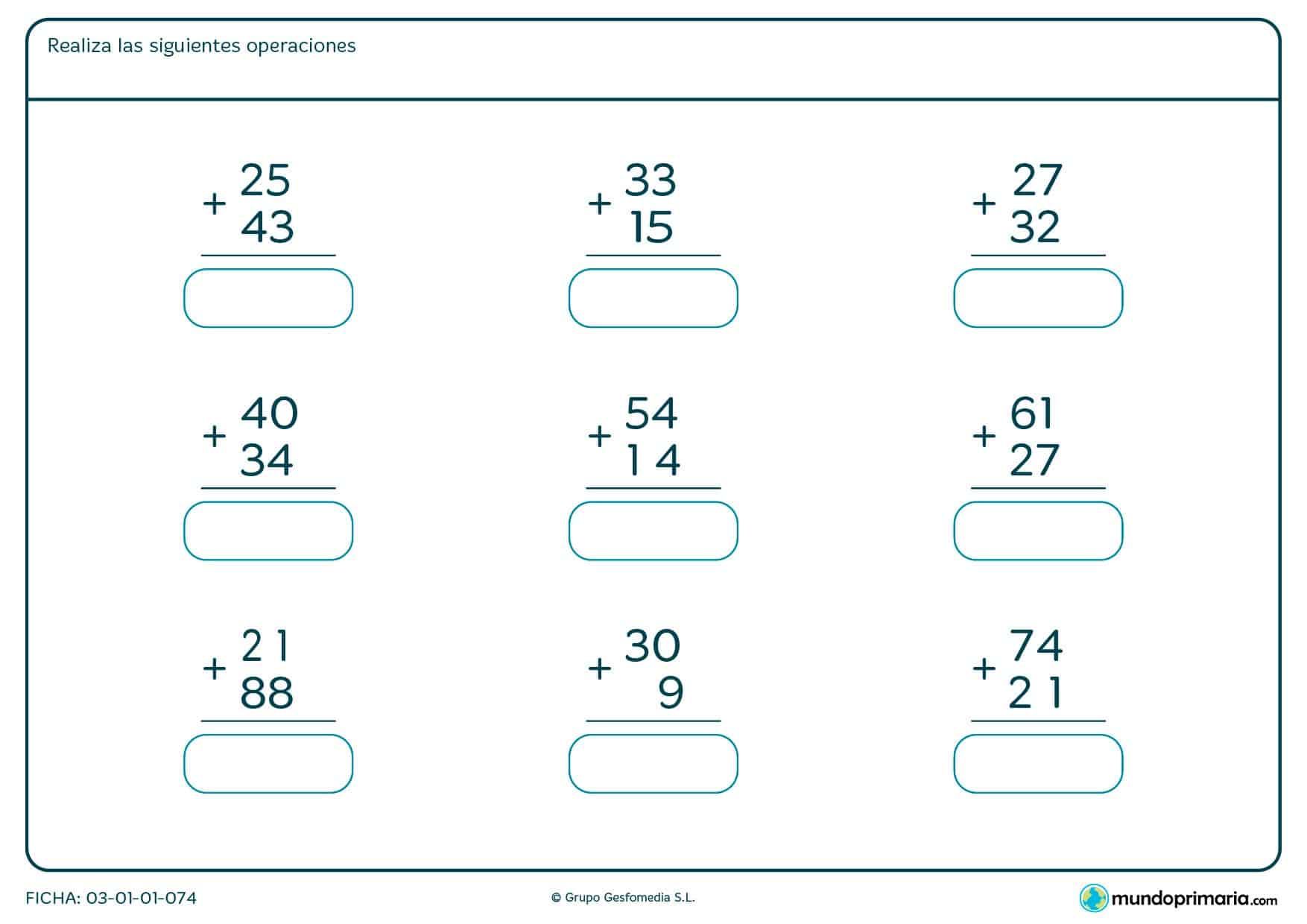 Ficha de sumas de 2 cifras para que rellenes los espacios en blanco con el resultado final.