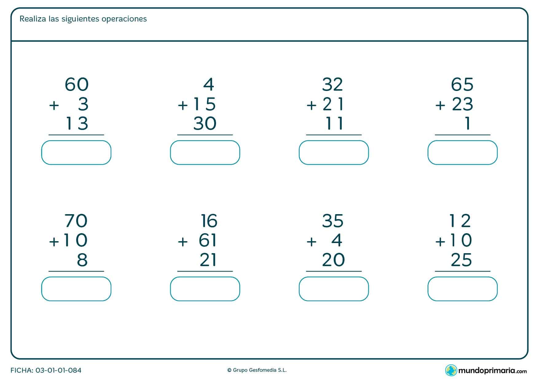 Ficha de sumas de 3 números, con números de 1 o 2 cifras, para realizar sobre el mismo papel.